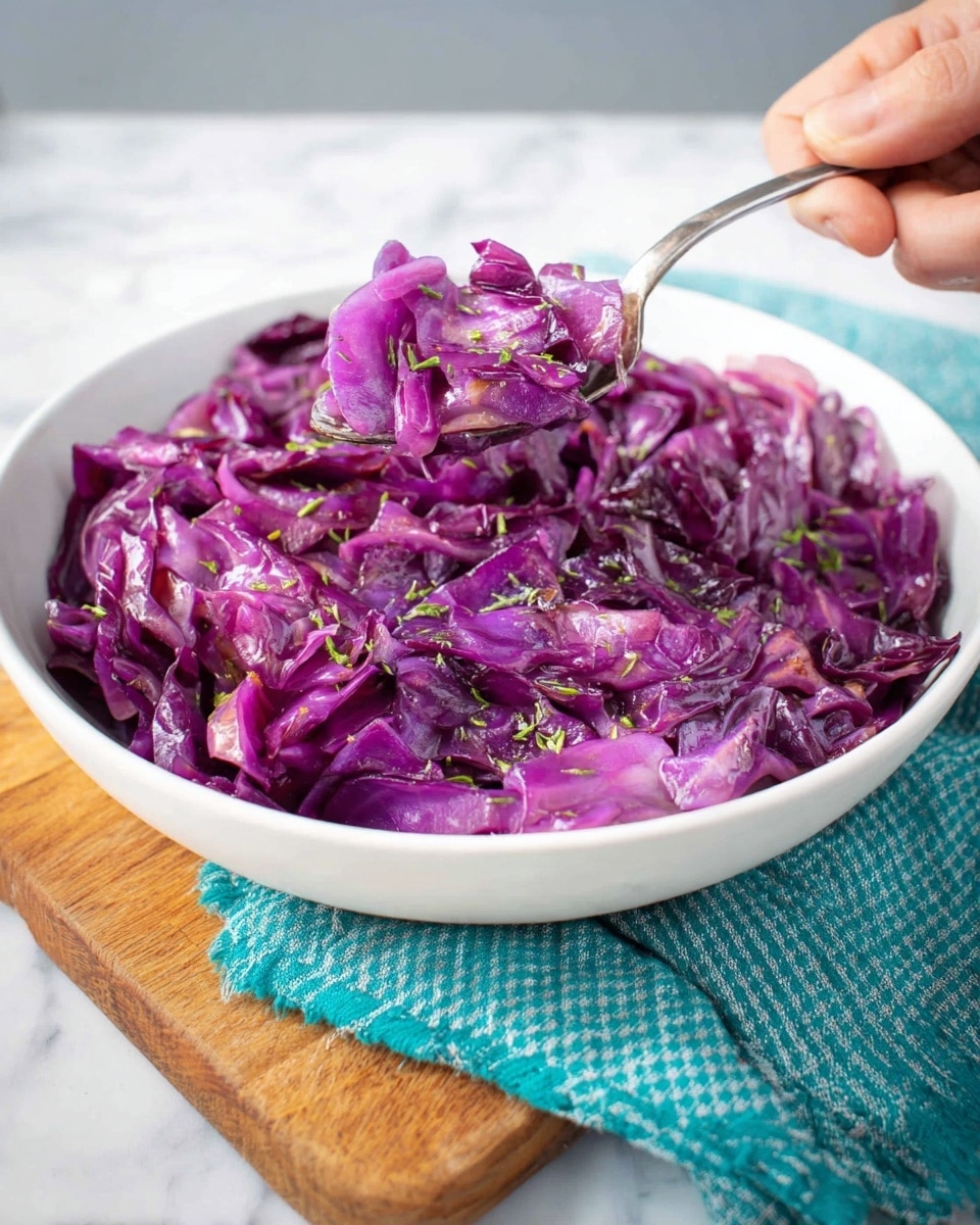 A white bowl filled with cooked purple cabbage cut into medium-sized pieces with a soft and slightly glossy texture, sprinkled with small green herbs on top. A silver spoon lifts some cabbage from the bowl, held by a woman's hand. The bowl is placed on a wooden board with a teal checkered cloth beside it, all set on a white marbled surface. The lighting is bright, highlighting the vibrant purple colors of the cabbage. photo taken with an iphone --ar 4:5 --v 7