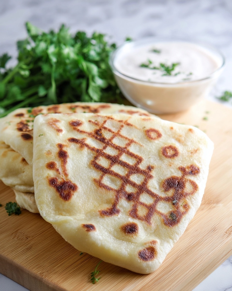 The image shows two folded flatbreads with a golden-brown grilled pattern on their white soft surface, one placed slightly on top of the other on a light wooden board; behind them, there is a clear glass bowl of creamy white sauce and a bunch of fresh green parsley, all set on a white marbled background. photo taken with an iphone --ar 4:5 --v 7