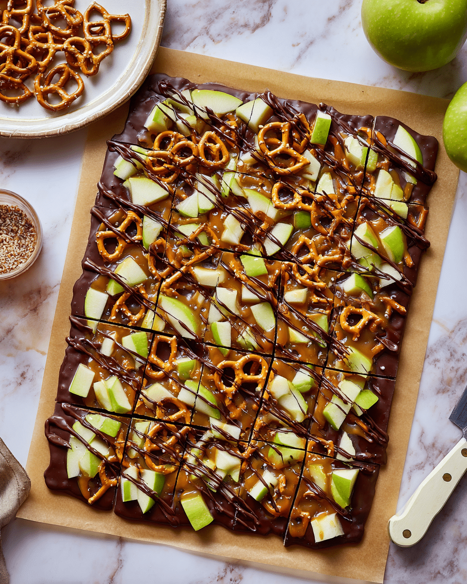 A rectangular block of chocolate bark is divided into 12 pieces. The bottom layer is smooth, dark brown chocolate. On top, there is a layer of orange caramel making a thin line pattern. Whole pretzels, light brown and crispy, are spread evenly over the caramel layer. Small green and light yellow apple chunks cover the entire surface, placed thickly. Thin dark chocolate drizzles run over the apples and pretzels. The bark sits on brown parchment paper, which is on a white marbled surface. Nearby, there is a white plate with some pretzels and a green apple. A knife with a white handle rests on a white plate with the top of a green apple visible. Photo taken with an iphone --ar 4:5 --v 7