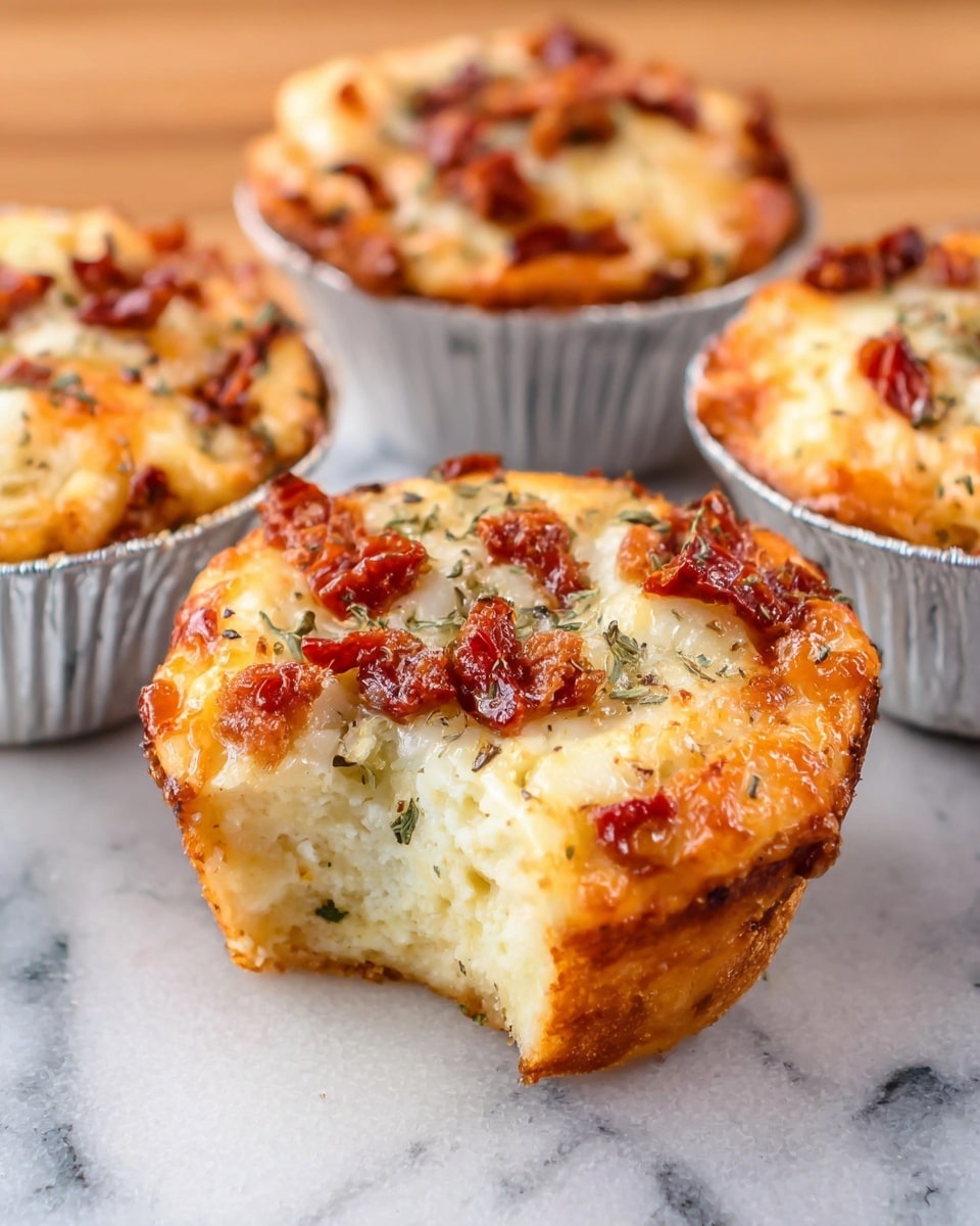 A close-up of four small savory muffins placed on a white marbled surface, with one muffin taken out of its silver foil cup showing a golden-brown crust and a slightly crispy edge. The top layer of the muffin is covered with melted cheese that is creamy white with some browned spots, topped with small chopped pieces of reddish-brown sun-dried tomatoes and sprinkled with dried herbs. The muffins have a soft, moist texture visible underneath the toppings, and the background shows more muffins still in their foil cups warm and slightly shiny. photo taken with an iphone --ar 4:5 --v 7
