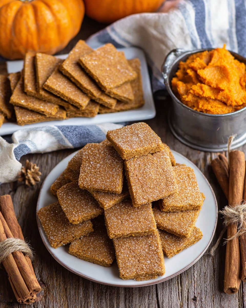 A white plate is filled with many stacked square, golden-brown cookies covered lightly with sugar crystals, showing a slightly rough texture. Behind the plate, a few cookies lay flat on a blue and white striped cloth. To the side, a white marbled surface holds a small gray metal measuring cup filled with vibrant orange pumpkin puree, and some cinnamon sticks tied with twine are nearby. The overall setting has warm, cozy autumn colors and rustic wood details visible beneath. Photo taken with an iphone --ar 4:5 --v 7