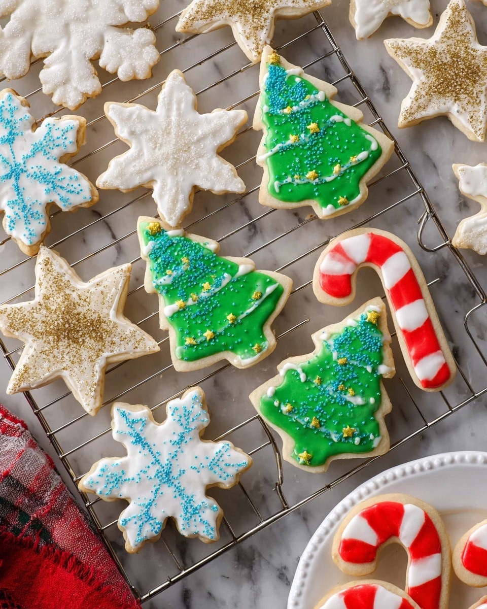 This image shows a wire cooling rack filled with decorated Christmas sugar cookies on a white marbled surface. There are snowflake-shaped cookies with smooth white icing topped with white sugar crystals, star-shaped cookies with white icing and gold sugar crystals, Christmas tree-shaped cookies with bright green icing, some plain and some sprinkled with blue sugar crystals, each topped with a small yellow star at the tip, and candy cane-shaped cookies with red and white stripes made from smooth icing. In the bottom right corner, part of a white plate with more cookies is visible. photo taken with an iphone --ar 4:5 --v 7