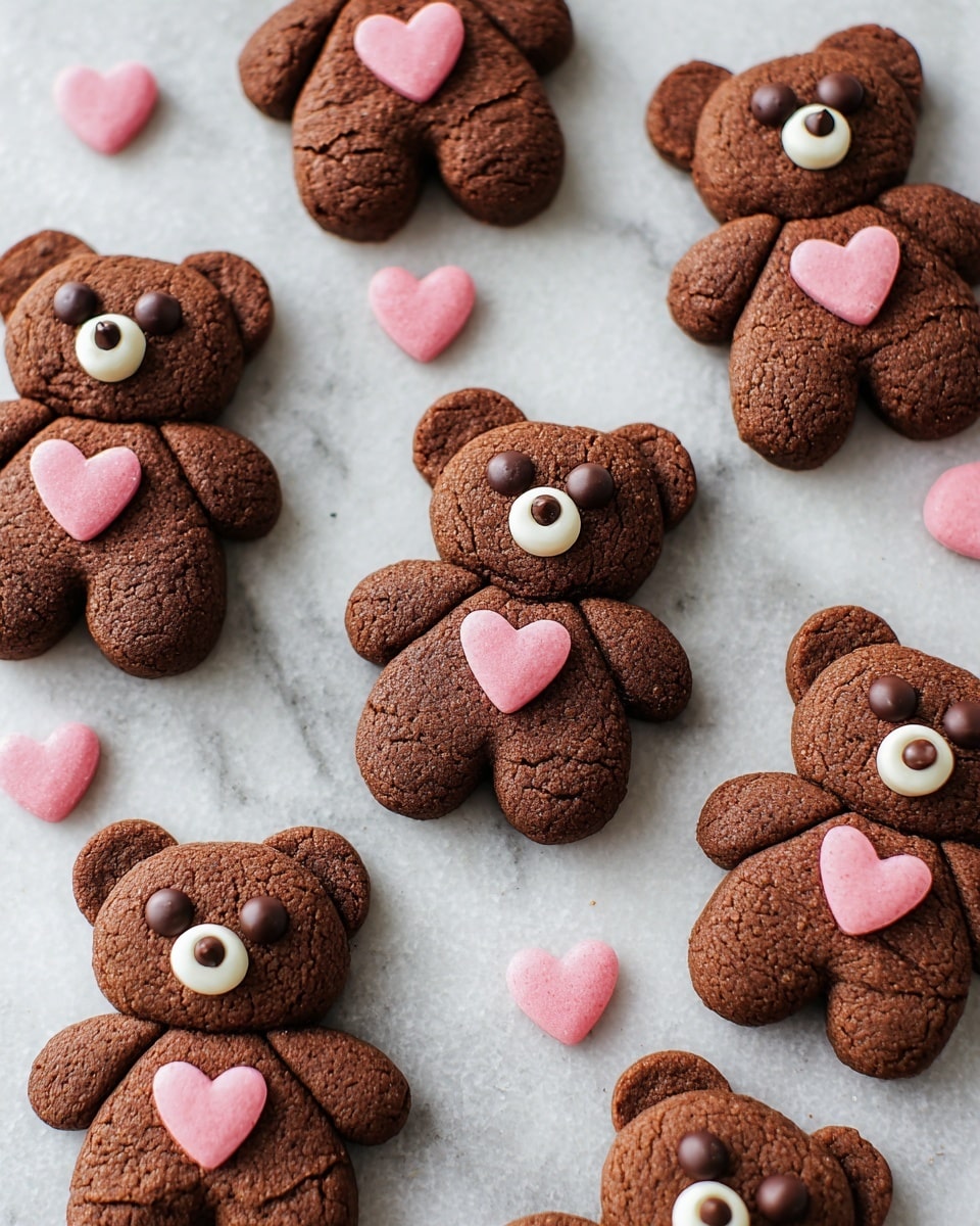 The image shows multiple teddy bear-shaped cookies arranged on a white marbled surface. Each cookie has a body and head made of brown dough, with small round dough pieces as ears and limbs. The eyes are made from two small round chocolate chips, and a small white oval shape under the eyes forms the snout, with an additional small chocolate chip as the nose. A pink heart-shaped decoration is placed in the center of the body of each cookie. A few pink heart shapes also lie scattered on the surface around the cookies. The texture of the cookies is slightly cracked and they look soft and thick. photo taken with an iphone --ar 4:5 --v 7