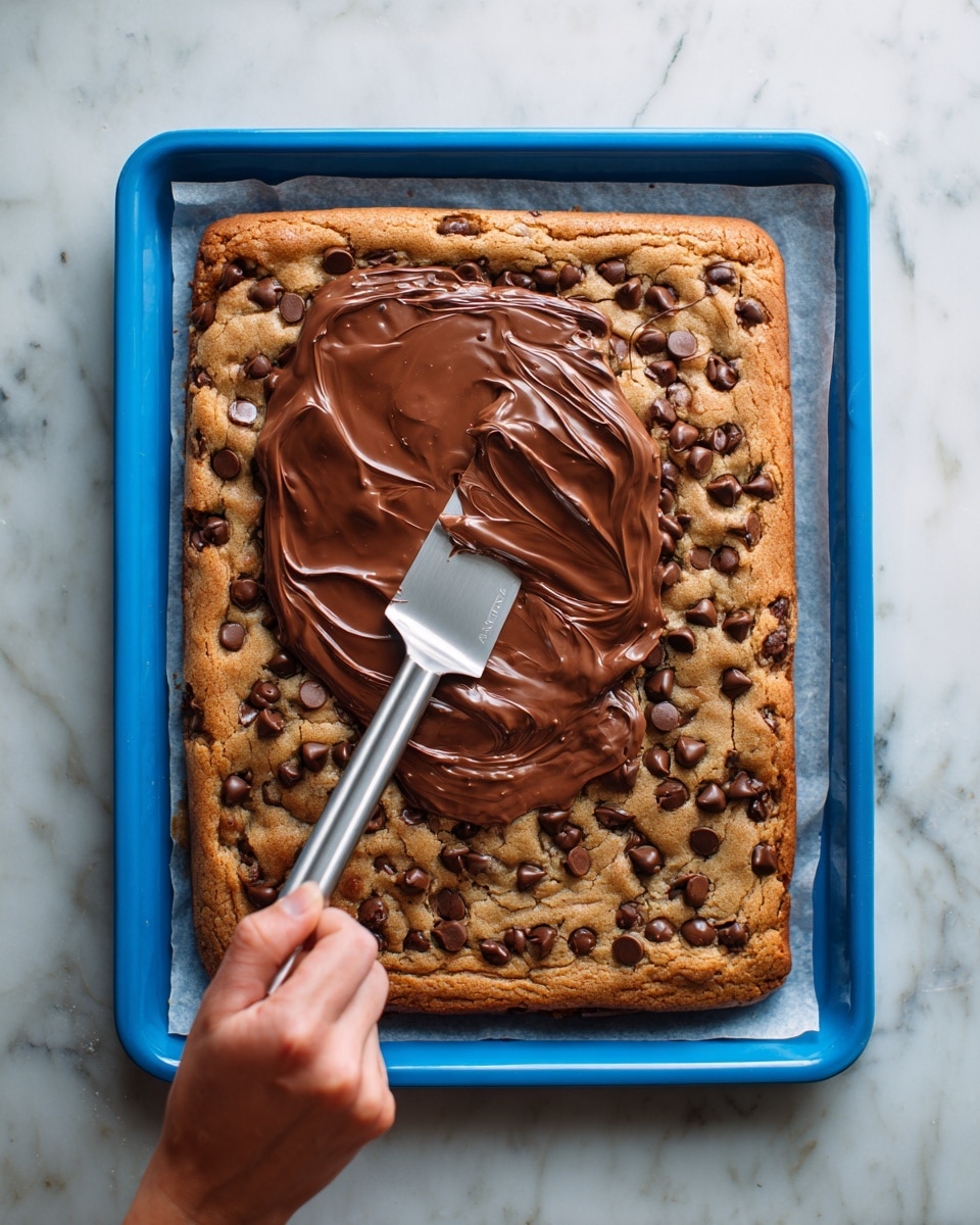 A large rectangular chocolate chip cookie bar sits on a blue baking tray lined with parchment paper, placed on a white marbled surface. The cookie is golden brown with many small dark brown chocolate chips embedded throughout, mostly around the edges and surface. A woman's hand holds a metal spatula spreading a thick layer of glossy, melted milk chocolate over the center and right side of the cookie. The melted chocolate is smooth but slightly uneven with visible swirls and texture, covering about half the top surface of the cookie. Photo taken with an iphone --ar 4:5 --v 7