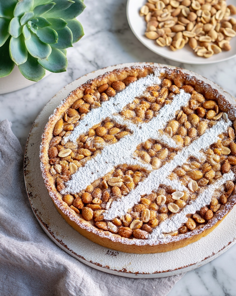 A round tart with a golden-brown crust and a filling full of roasted peanuts arranged closely together, giving a nutty textured surface. Across the tart are wide diagonal stripes of white powdered sugar, creating a contrasting pattern over the nuts. The tart sits on a large, white plate with a slightly worn, rustic texture. In the background, there is a white plate holding scattered peanuts and a soft grey cloth nearby on a white marbled surface. A green succulent plant is also partly visible at the top left side of the image. Photo taken with an iphone --ar 4:5 --v 7