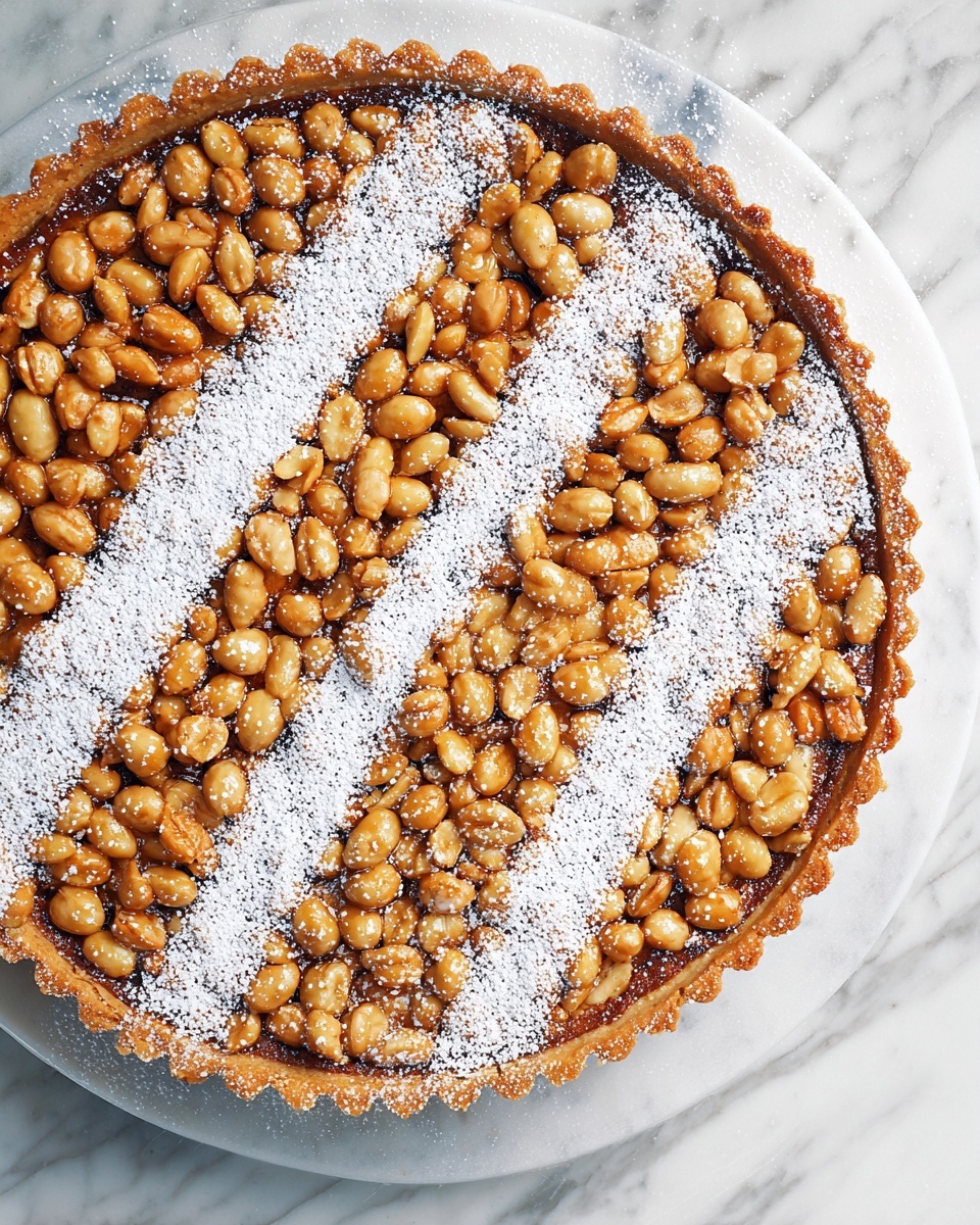 A round tart with a golden brown crust has a top layer densely covered with shiny roasted peanuts that are caramelized. There are three wide diagonal strips on top dusted with white powdered sugar, creating a striking contrast between the peanut layer and the sugar. The tart is placed on a white plate over a white marbled surface. The crust edges are fluted and the peanuts have a textured, slightly glossy finish. photo taken with an iphone --ar 4:5 --v 7