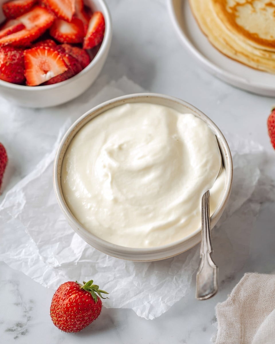 A thin, light brown crepe sits on a white plate, with a smooth layer of white whipped cream spread in the center. On top of the cream, there is a neat row of fresh, bright red strawberry slices, slightly overlapping each other, and a small green mint leaf placed near the middle. Around the plate, on a white marbled surface, there are a few whole and halved strawberries along with a bowl filled with more strawberry slices and another plate stacked with plain crepes. A gray and white checkered cloth is partially visible on the right side. photo taken with an iphone --ar 4:5 --v 7