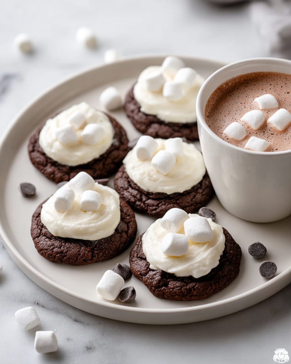 A white plate holds five dark brown chocolate cookies, each topped with a smooth, thick layer of white frosting. On top of the frosting, three or four small white marshmallows are placed on most of the cookies. Scattered around the plate are dark chocolate chips. To the right side of the plate, a white cup filled with brown hot chocolate is visible, topped with a few white marshmallows slightly melted. The plate and cup are set on a white marbled surface. photo taken with an iphone --ar 4:5 --v 7