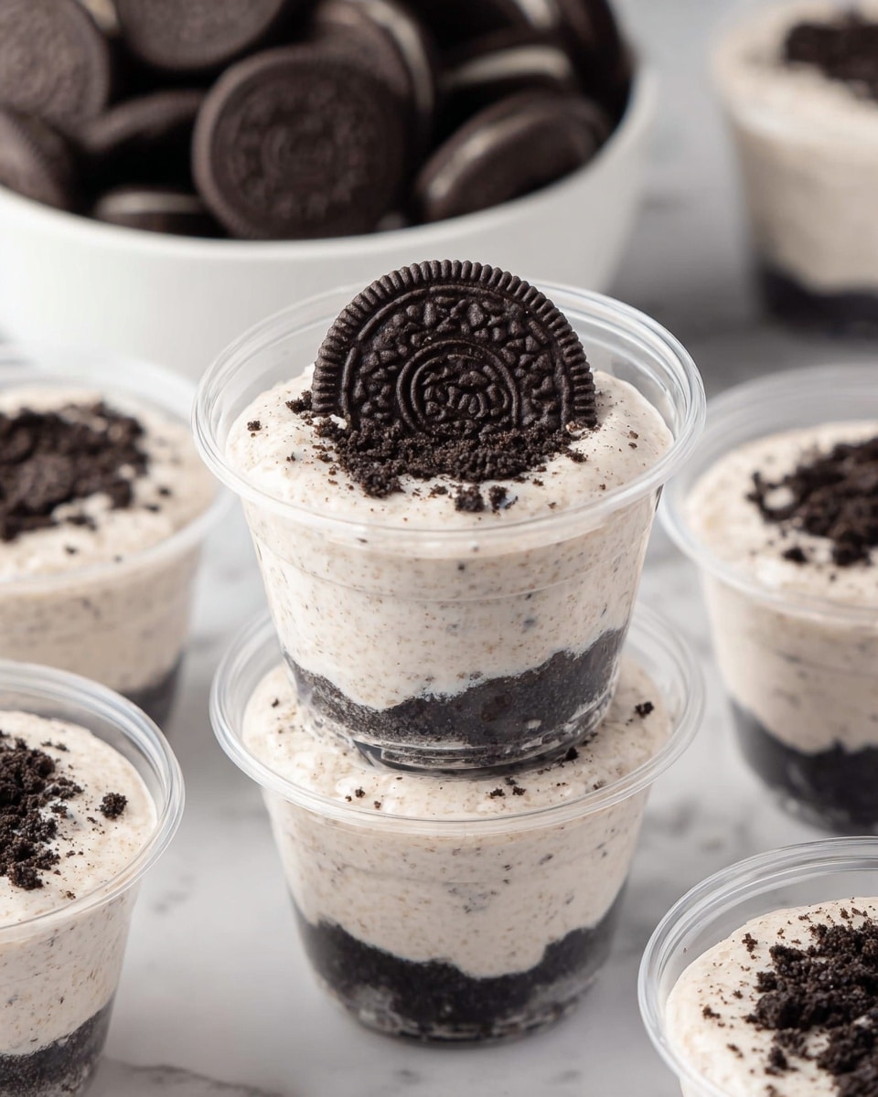 The image shows small clear plastic cups filled with three layers of an Oreo dessert. The bottom layer is dark crumbled Oreos, dense and crumbly in texture. The middle layer is thick white cream mixed with small Oreo crumbs, smooth and fluffy, making the dessert look light. The top layer is a single whole Oreo cookie placed neatly in the center on top of the cream. The cups are stacked and surrounded by more similar cups and a large white bowl filled with whole Oreos, all placed on a white marbled surface. photo taken with an iphone --ar 4:5 --v 7