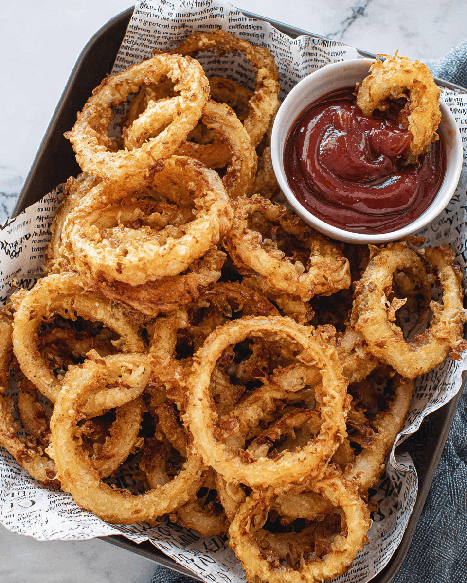 A tray lined with printed paper holds a large pile of golden-brown, crispy onion rings with rough, crunchy textures and varying sizes, some stacked on others creating depth. In the top right corner, a small white bowl filled with thick, glossy deep-red ketchup sits partially covered by onion rings, with one ring dipped halfway into the sauce. The tray is placed on a white marbled surface. photo taken with an iphone --ar 4:5 --v 7