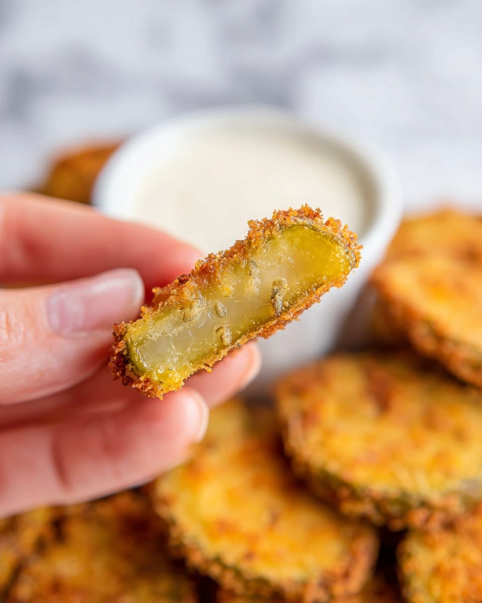 A close-up of a woman's hand holding a single fried pickle chip showing a cross section with three visible layers: a crispy, golden-brown breadcrumb coating on the outside, a slightly translucent light green middle layer of pickle skin, and a pale yellow-green inner layer with visible pickle seeds; in the blurry background, more golden fried pickle chips and a white bowl of creamy dipping sauce rest on a white marbled surface. photo taken with an iphone --ar 4:5 --v 7