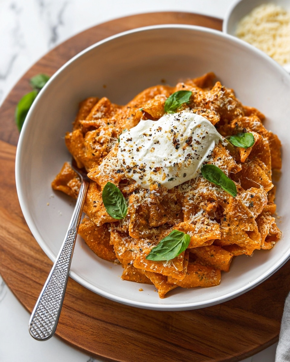 The dish is a white bowl filled with three layers of pasta pieces coated in a thick reddish-orange sauce. On top of the pasta is a creamy dollop of white cheese, speckled with black pepper, and a light sprinkling of finely grated pale yellow cheese covering the pasta. Small fresh green basil leaves are scattered over the pasta and cheese. A silver fork with a patterned handle rests inside the bowl on the left side. The bowl sits on a round wooden board, placed on a white marbled surface. photo taken with an iphone --ar 4:5 --v 7