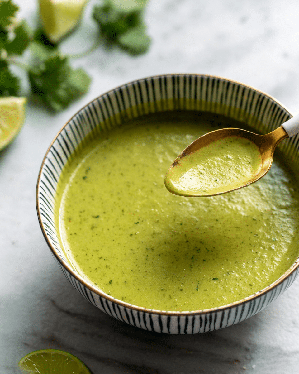 A single white bowl with thin dark vertical stripes around the rim holds a smooth, thick green soup with small bits visible in the texture. A gold spoon with a white handle dips into the soup near the center, slightly lifting it. The bowl sits on a white marbled surface, with some green cilantro leaves and half a lime blurred in the background. The scene is softly lit, showing the creamy texture and fresh green color of the soup. photo taken with an iphone --ar 4:5 --v 7