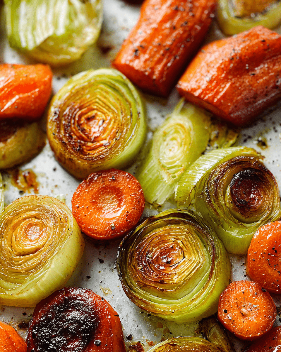 The image shows a close-up of roasted vegetables scattered on a white marbled surface. The dish includes bright orange carrots cut into thick round and diagonal slices, some with a caramelized, slightly charred surface, showing a crispy texture. Mixed with the carrots are round slices of leek in different shades of green, with some edges browned from roasting, displaying a layered and slightly soft texture. The vegetables are cooked evenly and glisten with a light coating of oil and seasoning. photo taken with an iphone --ar 4:5 --v 7