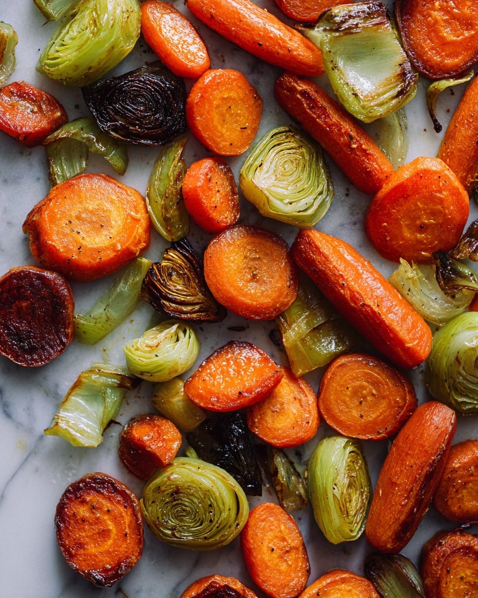 The image shows roasted vegetables arranged close together on a white marbled surface. There are round slices of leeks with tightly layered rings, showing a gradient of green to light brown with caramelized, slightly charred edges. Among these are thick, oval slices of carrots with a bright orange color, glistening with oil and slightly darkened, crispy spots. The textures of both vegetables look tender yet crisp, with visible seasoning. The overall arrangement creates a warm, fresh, and appetizing look. photo taken with an iphone --ar 4:5 --v 7