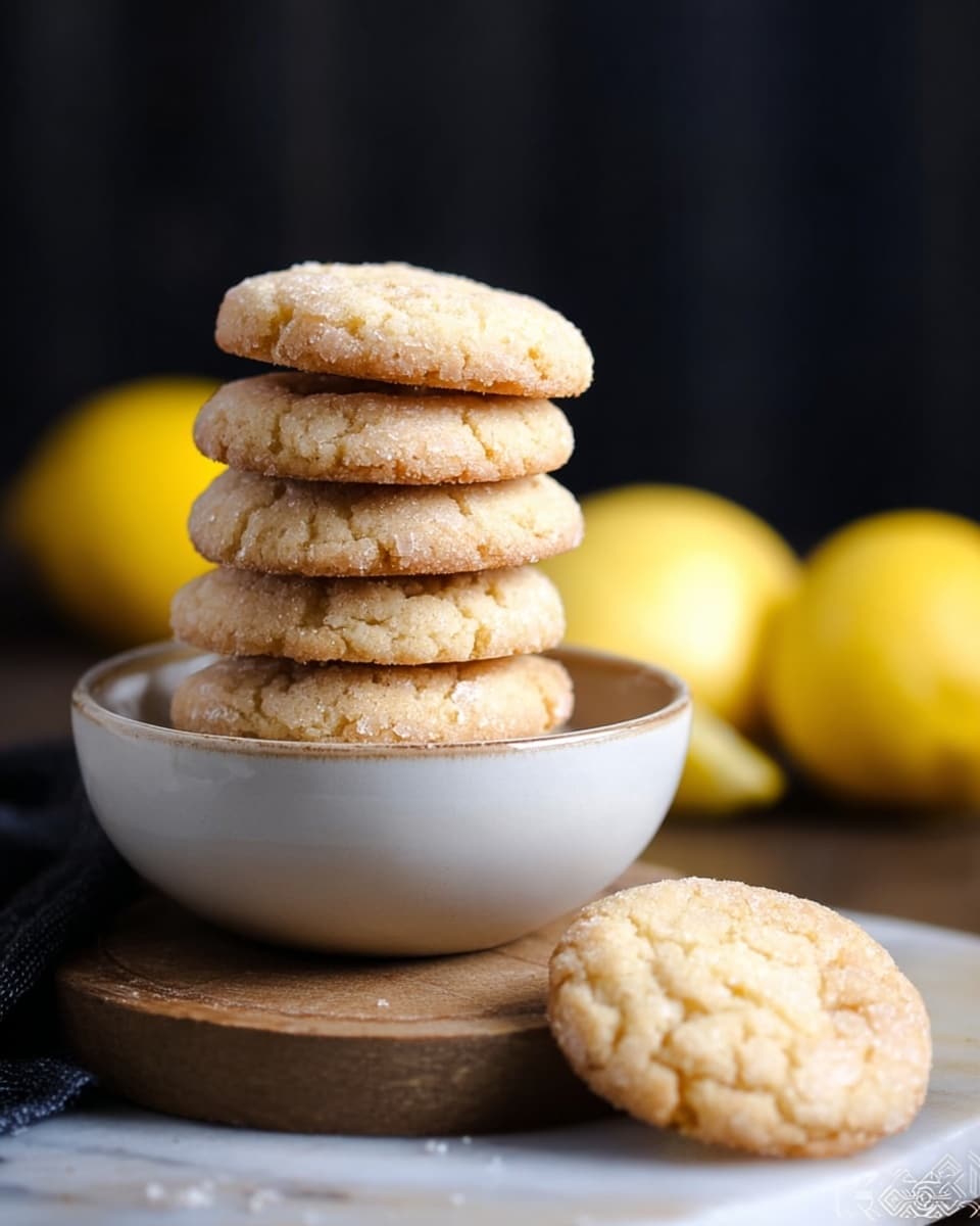 A stack of seven light golden brown cookies with a slightly cracked, soft texture is arranged in the middle of a white bowl with a smooth surface, placed on a wooden board. One cookie lies flat outside the bowl on a white marbled surface in the foreground, showing its round shape and slightly crisp edges. In the blurred background, several bright yellow lemons add a pop of color against a dark backdrop. photo taken with an iphone --ar 4:5 --v 7