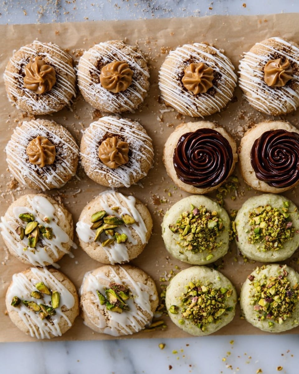 The image shows three rows of cookies arranged neatly on a beige parchment paper over a white marbled surface. The first row has three light beige cookies topped with a brown crumbly layer and white icing drizzled over, each with a dollop of brown cream in the center. The middle row has four beige cookies with bits of nuts inside and a dark brown swirl cream on top, each with a single nut in the center. The last row consists of four pale green cookies covered partly with crushed pistachios and drizzled with white icing, each also having green pistachio pieces scattered around them. The colors and textures give a mix of nutty, creamy, and crumbly appearances. Photo taken with an iphone --ar 4:5 --v 7
