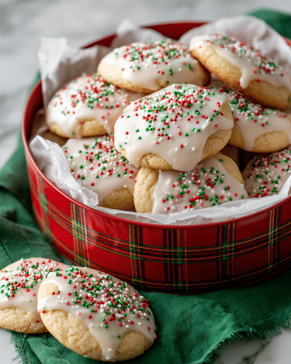 A round, red plaid tin filled with soft, light golden cookies stacked in two to three layers, each cookie topped with a smooth, white glaze that gently drips over the edges. The glaze is decorated with bright red and green sugar sprinkles scattered evenly on top. The tin is lined with crinkled white parchment paper that wraps around the cookies inside. A few cookies with the same decoration rest outside the tin, placed on a green cloth over a white marbled surface. Photo taken with an iphone --ar 4:5 --v 7