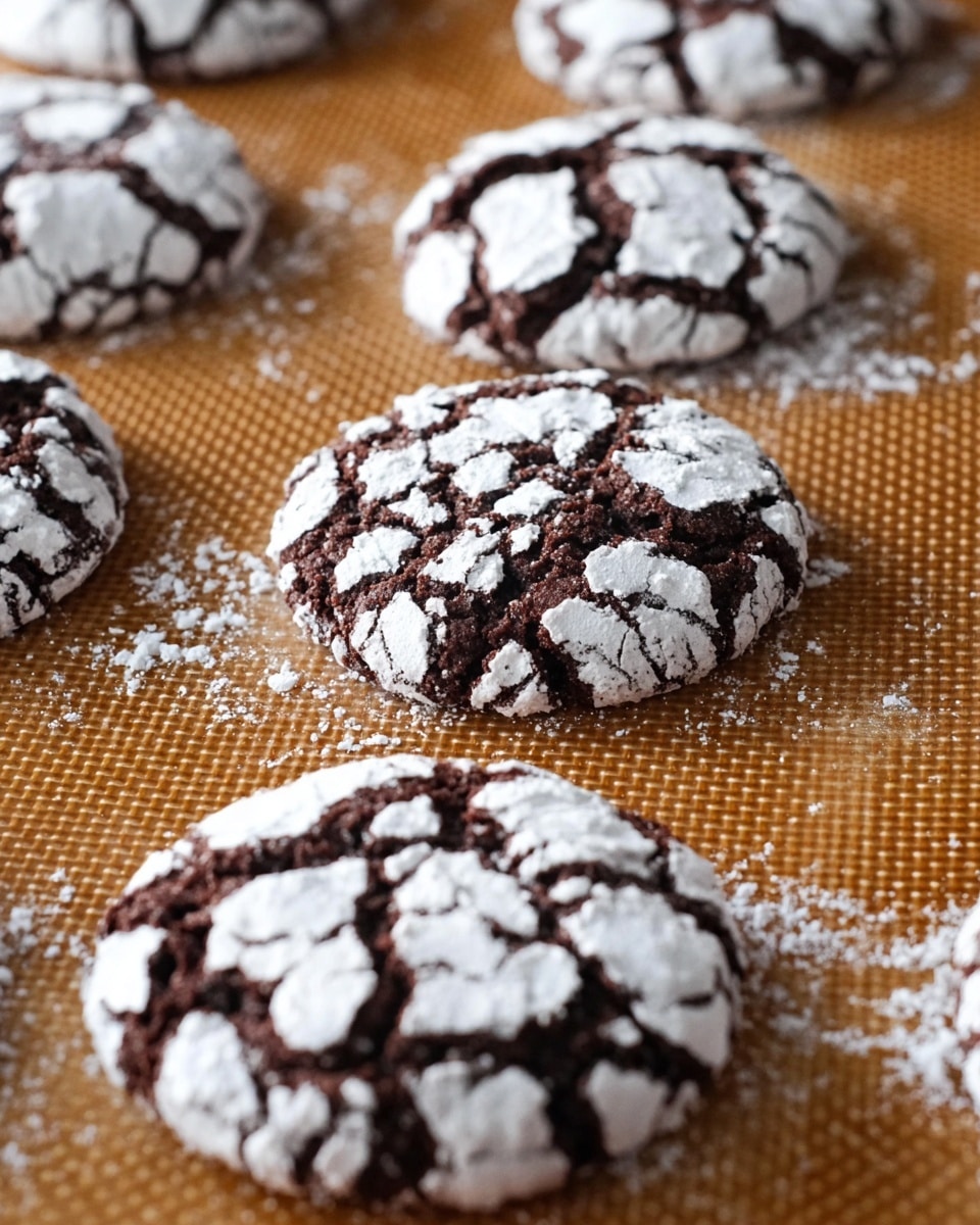 The image shows several chocolate crinkle cookies arranged on a brown silicone baking mat. Each cookie has a dark brown base with a cracked surface revealing a light, powdered sugar coating that forms irregular white patches contrasting with the rich chocolate color underneath. The cookies are round and slightly raised, with the powdered sugar giving a rough texture on the top. The background is a white marbled texture. photo taken with an iphone --ar 4:5 --v 7