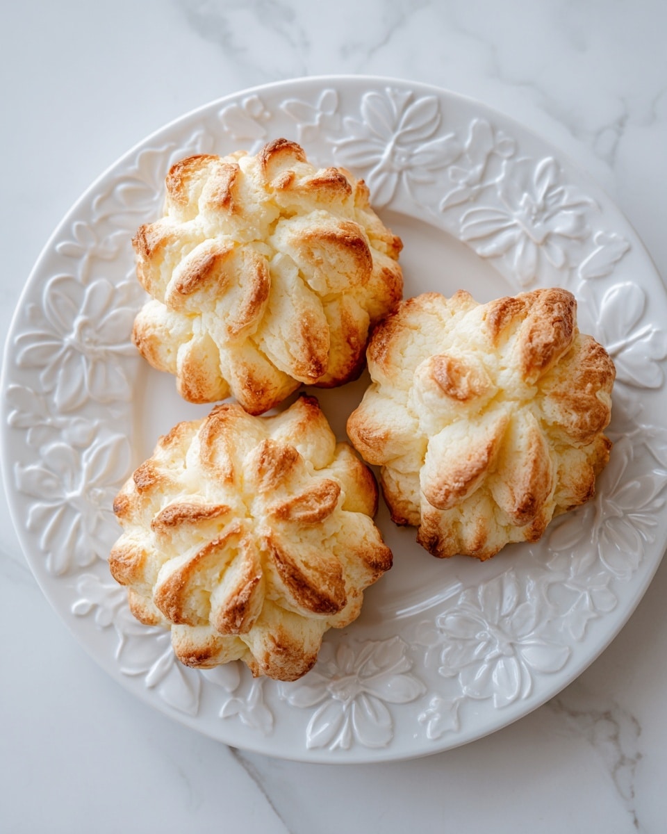 Three golden-brown duchess potatoes are arranged close together on a white plate with a raised floral pattern. Each potato has a textured, piped shape with crisp edges showing a light to medium brown color from baking, while the inside remains soft and creamy white. The plate sits on a white marbled surface, giving a clean and bright background. photo taken with an iphone --ar 4:5 --v 7