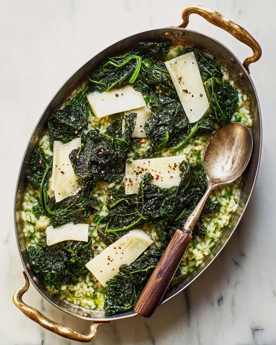 An oval pan filled with a dish that has a base layer of green risotto, showing a creamy and slightly loose texture. On top of the risotto, dark green kale leaves with a slightly wilted and cooked look are scattered evenly. Large, thin, cream-colored slices of cheese with a smooth surface are laid in between the kale leaves. Some black pepper specks are sprinkled visibly on the cheese. The pan has two bronze handles on each side and a wooden spoon with a metal scoop resting on the rim. The pan is placed on a white marbled surface. photo taken with an iphone --ar 4:5 --v 7