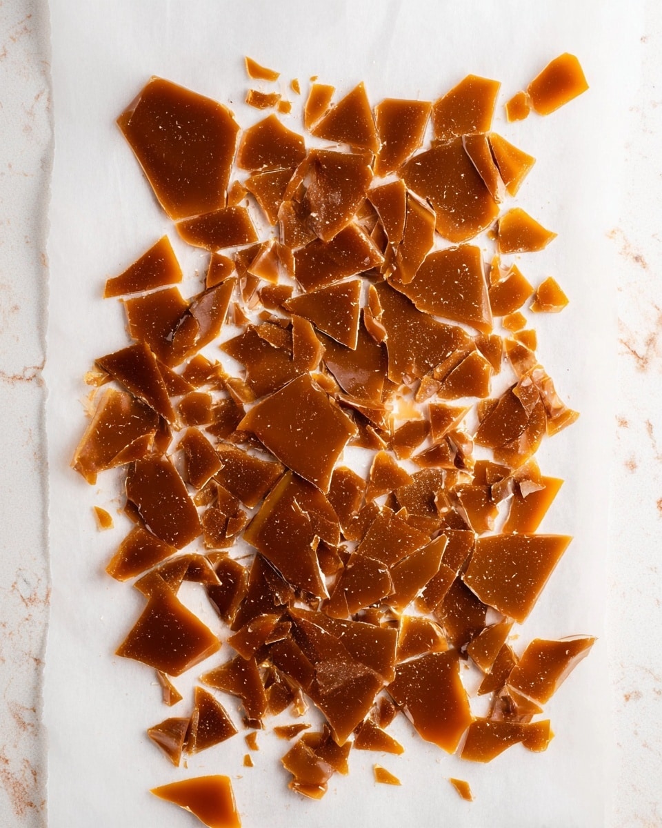 A single layer of broken, shiny caramel shards with various small and medium irregular pieces sits scattered across a sheet of parchment paper, which is laid flat on a white marbled surface. The caramel pieces have a rich brown color with a glass-like texture, showing jagged edges and smooth, glossy surfaces catching the light. The parchment paper is slightly crinkled and off-white, contrasting with the caramel shards spread unevenly but mostly centered. Photo taken with an iphone --ar 4:5 --v 7