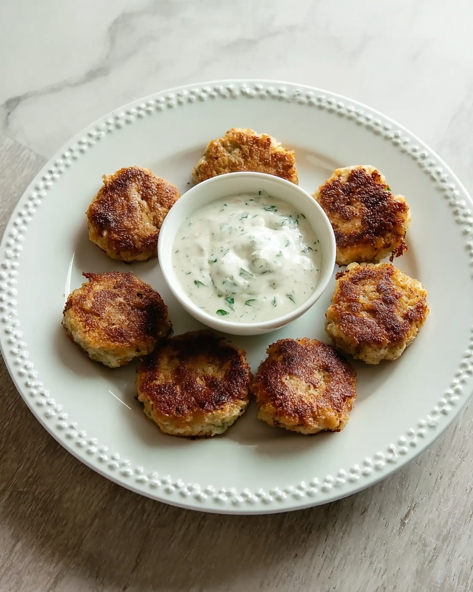 A white plate with a detailed edge holds seven small, round patties that are golden brown and crispy on the outside, arranged in a circle around a small white bowl filled with a thick, creamy white sauce with visible small green herbs. The plate is set on a white marbled textured surface. photo taken with an iphone --ar 4:5 --v 7