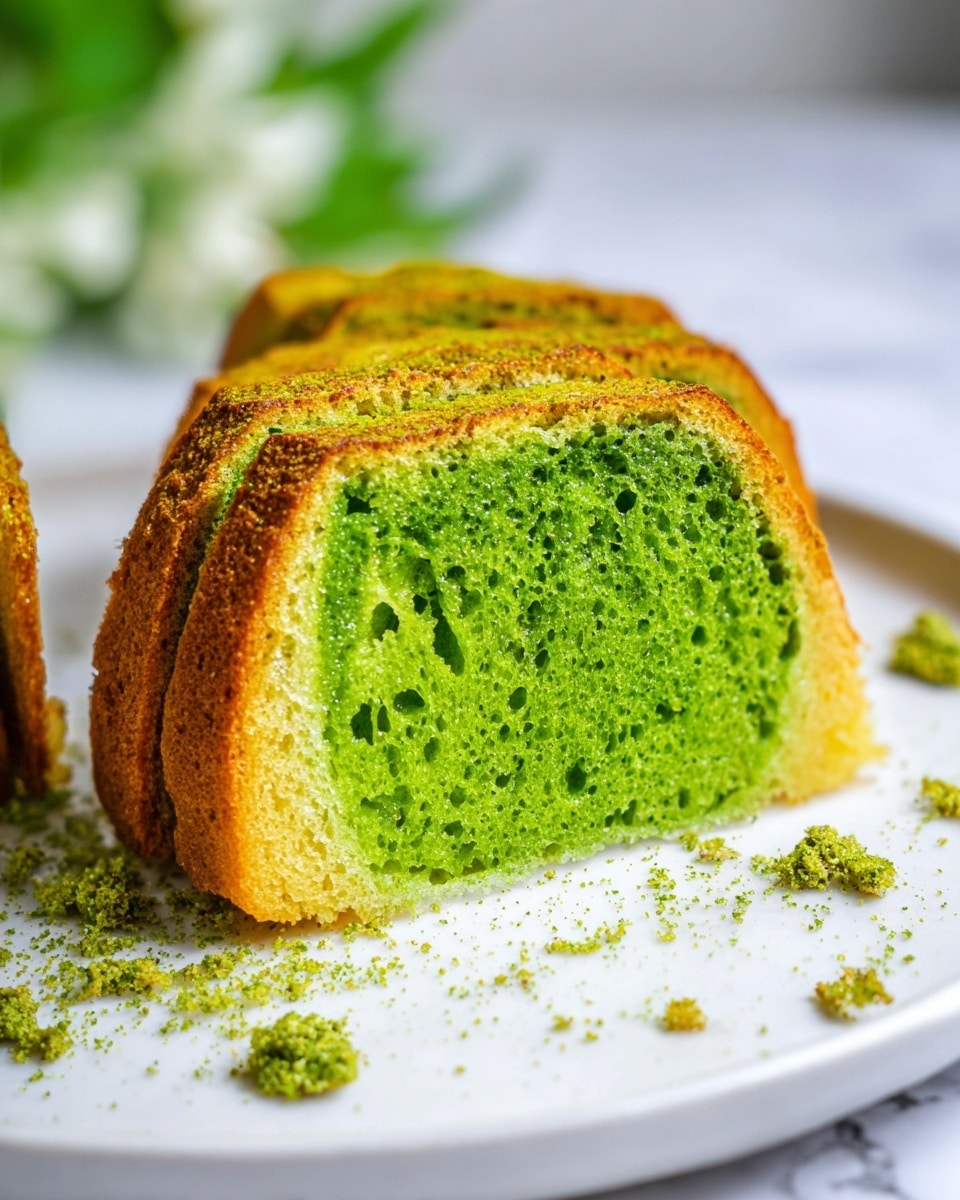 The image shows a close-up of a sliced cake with three visible layers. The outer layer is golden brown with a slightly rough texture, indicating it is baked and crispy. The inside layer is bright green, glossy, and moist with a bubbly, porous texture, giving a fresh and soft appearance. The slices are arranged on a white plate, which is placed on a white marbled surface. Some green crumbs and small bits are scattered on the plate around the slices. In the background, there is a blurred view of green and white colors, possibly leaves or flowers. Photo taken with an iphone --ar 4:5 --v 7