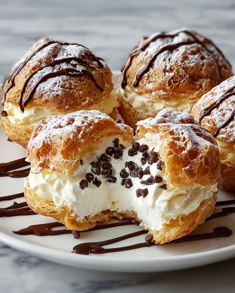 The image shows four cream puffs on a white plate set against a white marbled texture. Each cream puff has a golden-brown, flaky pastry shell dusted with powdered sugar. One cream puff is cut open to reveal a thick, white cream filling inside, topped with small dark chocolate chips. The tops of all the cream puffs are drizzled with thin lines of dark chocolate sauce, and there are additional chocolate sauce lines on the plate beneath them. photo taken with an iphone --ar 4:5 --v 7