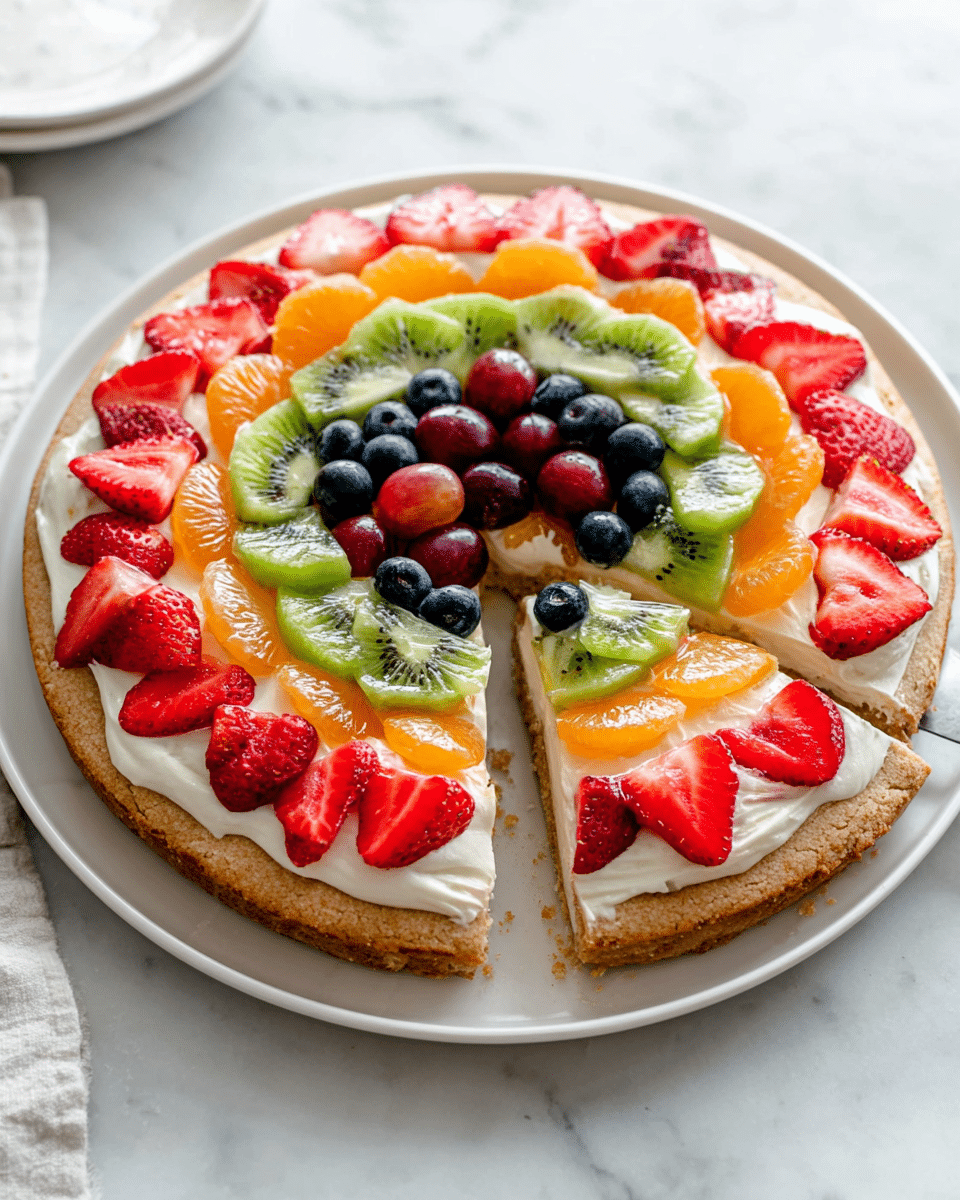 A round, single-layer dessert pizza sits on a white plate on a white marbled surface, with one slice being lifted from it. The base is a light brown cookie crust. On top is a smooth layer of white cream cheese or frosting. The fruit topping is arranged in neat concentric circles: the outer circle has bright red strawberry slices, the next inner circle features green kiwi slices with visible black seeds, the next smaller circle has alternating sections of orange mandarin slices, red grapes, and blueberries, and the center has a few more strawberries, kiwis, and blueberries. The texture of the fruit is fresh and glossy, while the cream layer looks soft and thick. Photo taken with an iphone --ar 4:5 --v 7