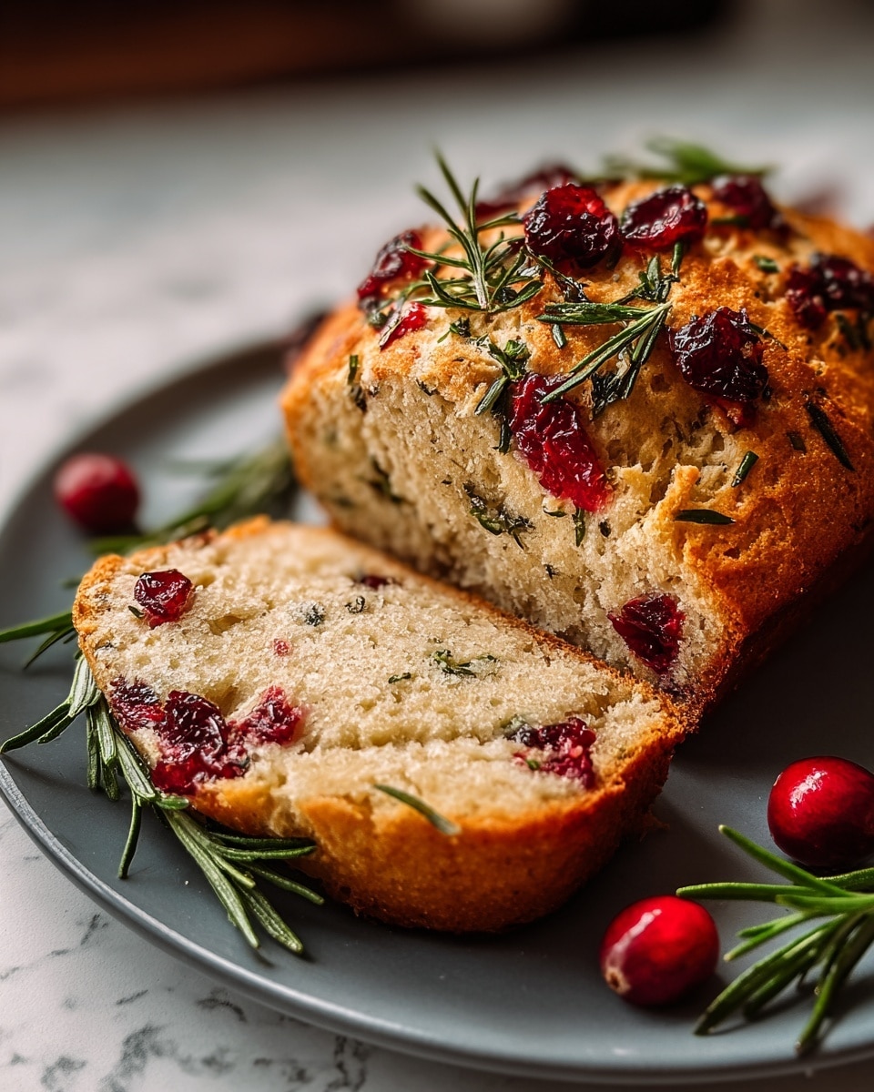 A golden-brown bread loaf sits on a white plate with a white marbled texture background. The bread has two layers: the outer crust is crispy and golden with small cracks, decorated with red cranberries and green rosemary sprigs scattered on top, while the inside layer is soft and light with visible pieces of cranberries and herbs. There are a few whole cranberries and additional rosemary sprigs placed around the bread for decoration. Photo taken with an iphone --ar 4:5 --v 7