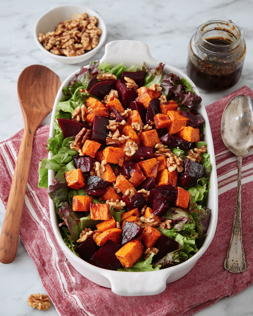 A white oval dish filled with a salad starting with a base layer of mixed green and purple leafy lettuce. On top, a dense second layer of roasted cubed vegetables includes bright orange sweet potatoes and dark red beets with a slightly shiny glaze. Scattered over the vegetables is a third layer of light brown walnut pieces. The dish rests on a red and white striped cloth on a white marbled surface. Nearby, there is a small white bowl with extra walnuts, a glass jar with dark dressing, a silver spoon with some dressing on it, and a wooden salad serving tool. photo taken with an iphone --ar 4:5 --v 7
