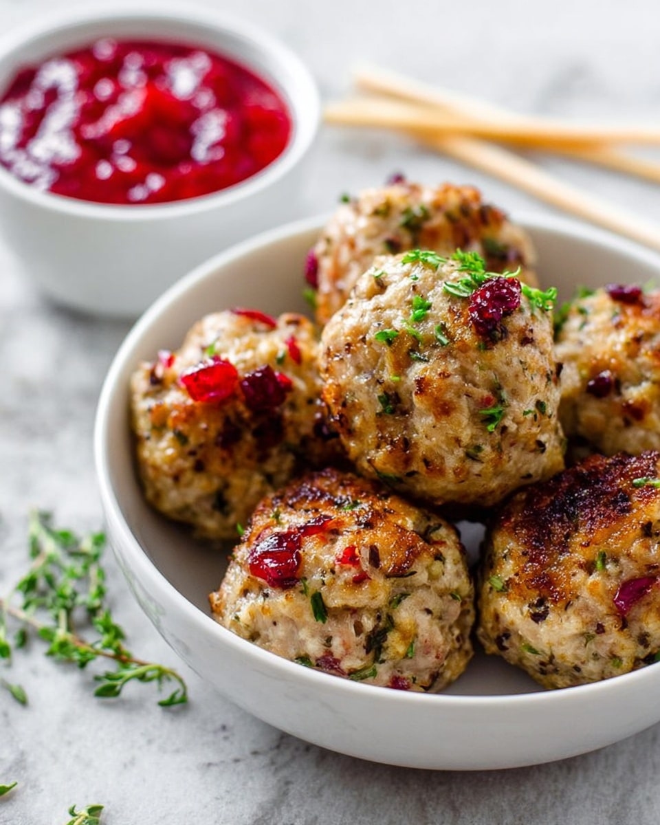 The image shows a round white bowl filled with five meatballs that have a light brown and slightly crispy outer layer with visible bits of herbs and red pieces, possibly dried cranberries, scattered on top and mixed inside. The meatballs have a textured surface with flecks of green herbs. Behind the meatballs in the bowl, there is a smaller white bowl filled with a thick, bright red sauce. The bowls sit on a white marbled surface with some scattered herbs around, and there are two wooden skewers placed to the right side. The image looks fresh and close up, making the textures and colors clear. photo taken with an iphone --ar 4:5 --v 7