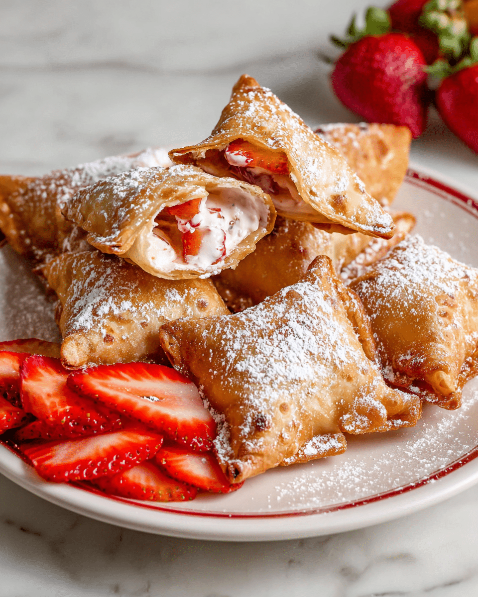 A white plate stacked on red plates holds several golden brown fried pastries dusted with powdered sugar. Each pastry is square-shaped with edges folded up to form a pouch, their crispy texture visible. One pastry is cut open, showing a creamy white filling mixed with fresh red strawberry pieces inside. Next to the pastries, there is a fan of thinly sliced, bright red strawberries with green leafy tops. The whole scene is set on a white marbled surface. Photo taken with an iphone --ar 4:5 --v 7