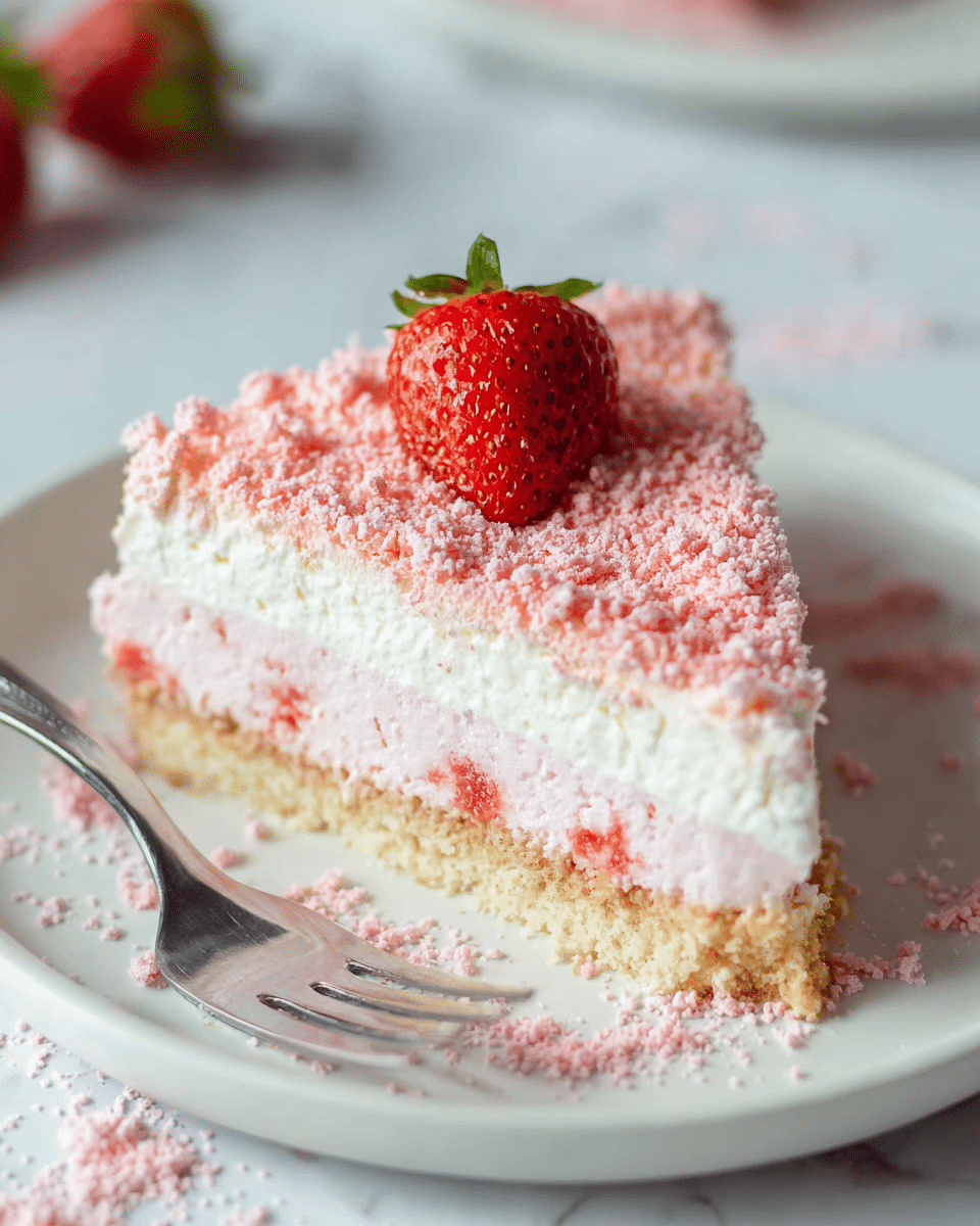 A slice of layered dessert with three visible layers sits on a white plate. The bottom layer is a light beige crumbly crust, uniform and firm. The middle layer is pale pink, creamy with a few small red specks inside, thick and smooth. The top layer is white and fluffy, soft in texture, covered evenly with finely crushed pink crumbs. A single red strawberry with green leaves sits on top at the center. A metal fork is placed behind the dessert on the plate, and the whole scene rests on a white marbled surface scattered with more pink crumbs. photo taken with an iphone --ar 4:5 --v 7