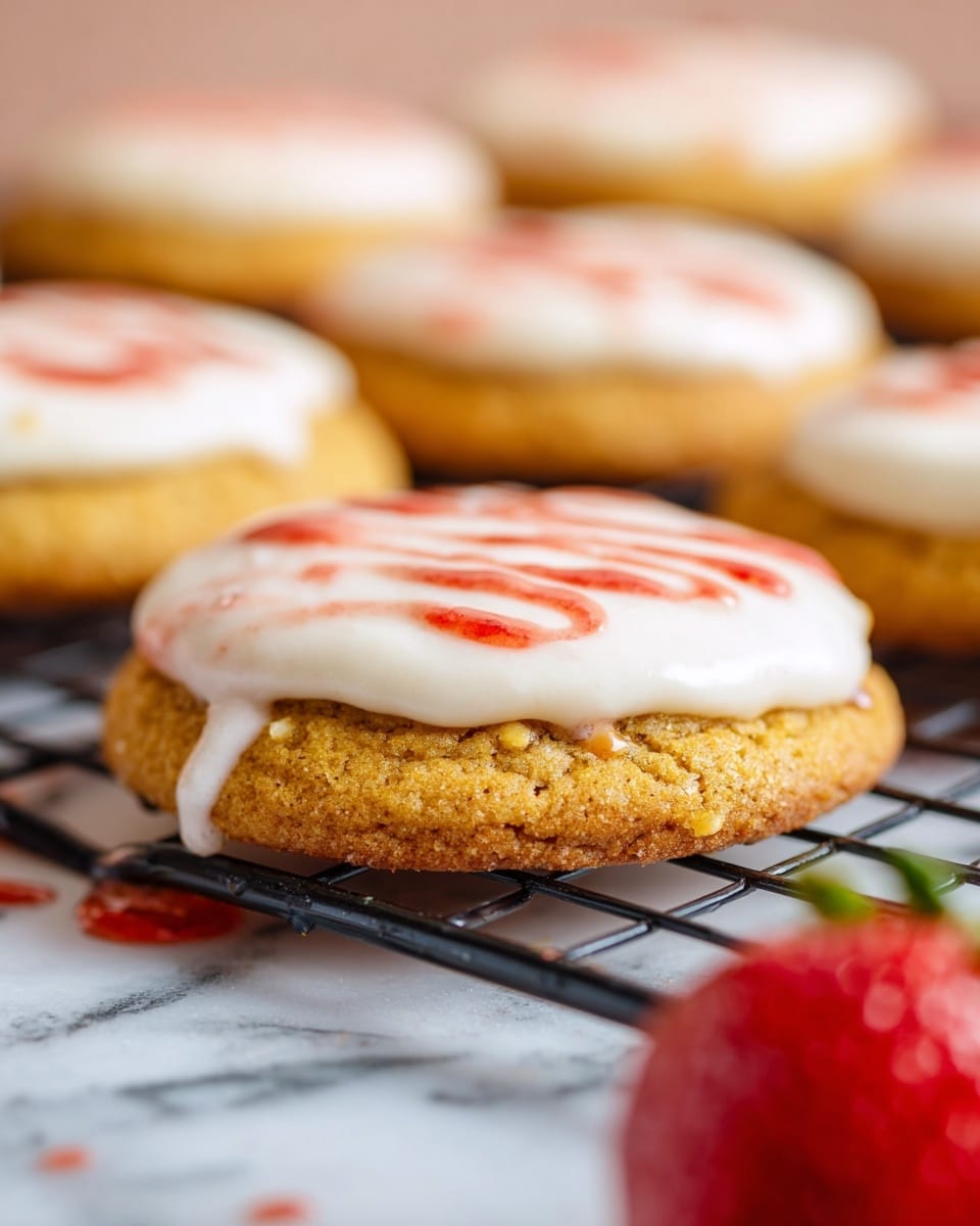 The image shows several round cookies on a black cooling rack over a white marbled surface. Each cookie is golden brown with a slightly rough texture and topped with a thick layer of smooth white frosting. A red syrup glaze is drizzled unevenly over the white frosting, with some glaze dripping down the sides of the cookies. In the foreground, a blurred red strawberry sits on the white marbled surface. The focus is mainly on the front cookie with others softly blurred in the background. Photo taken with an iphone --ar 4:5 --v 7
