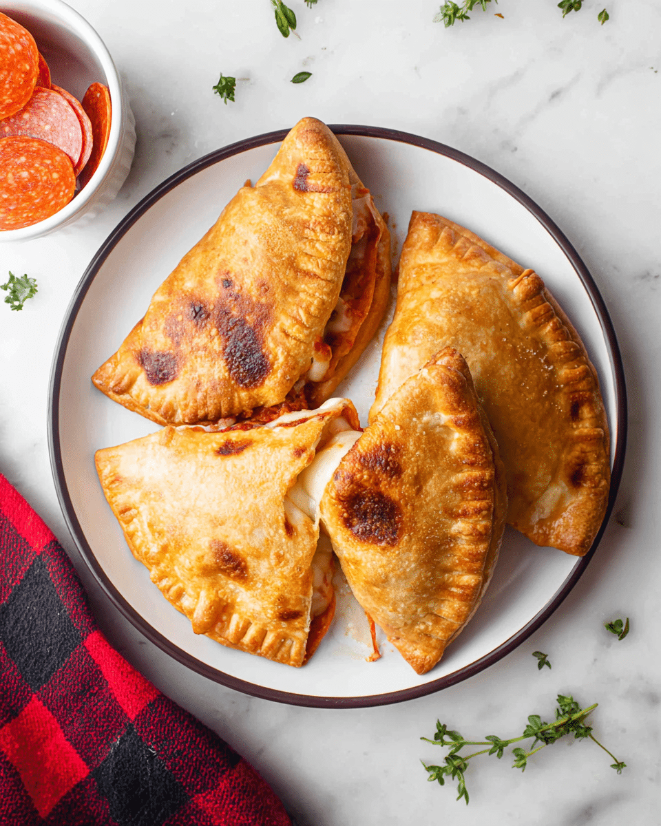 Four folded pizza pockets are arranged on a white plate with a dark rim, displaying a golden-brown crust with some darker baked spots. One pocket is slightly lifted, showing an inner layer of melted white cheese and red tomato sauce between the crispy outer dough layers. To the upper left of the plate, a white bowl holds several slices of pepperoni, their shiny reddish-orange color contrasting with the plate. Small green herb leaves are scattered on the white marbled surface beneath, along with a red and black checkered cloth partially visible at the bottom right. photo taken with an iphone --ar 4:5 --v 7