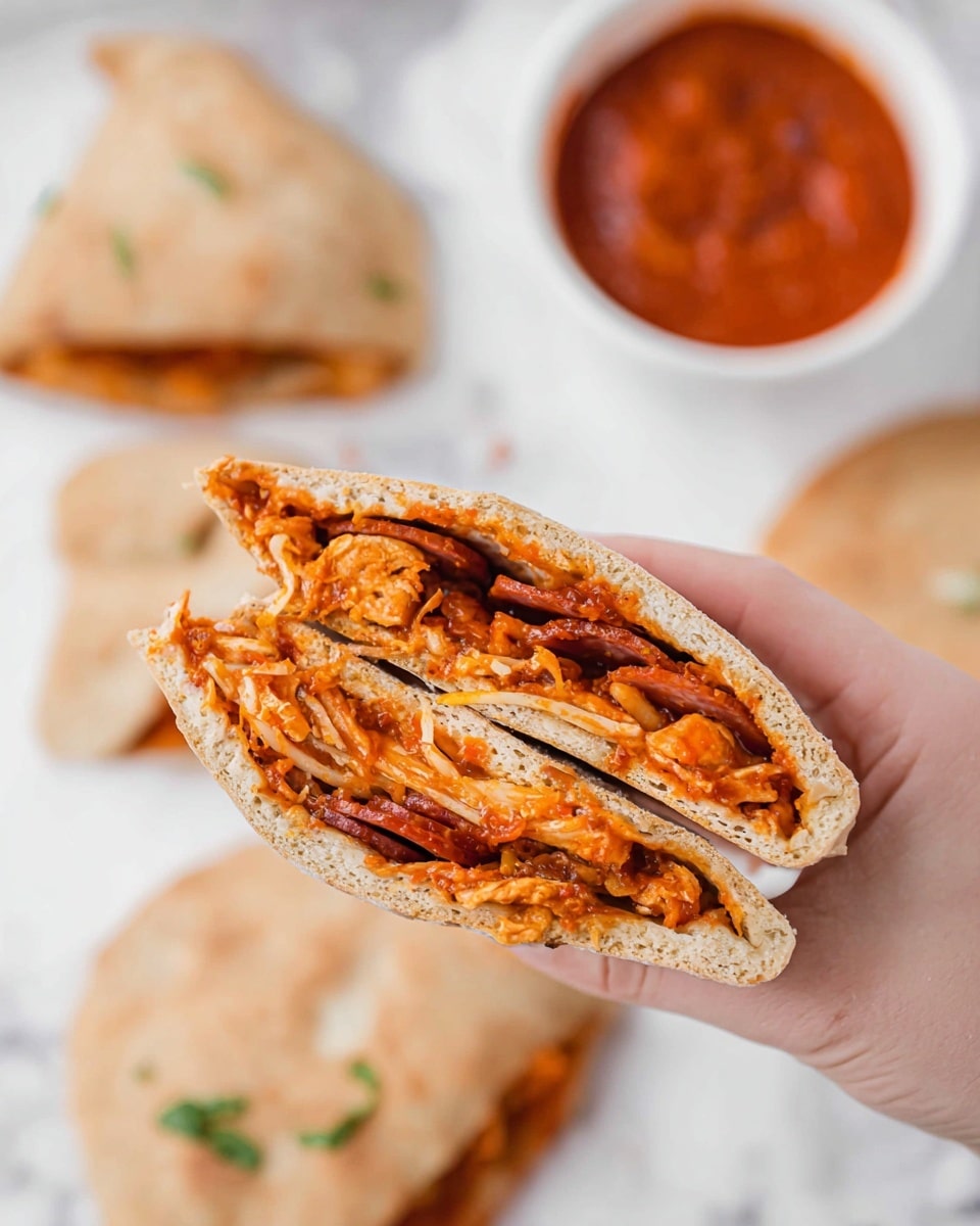 A close-up of a woman's hand holding a pita pocket sandwich filled with layers of reddish-orange tomato sauce, thin slices of pepperoni, shredded light orange cheese, and some small bits of green herbs. In the blurred background, there are more pita pockets, some whole and some halved, all showing the same filling inside. A white bowl filled with reddish sauce is also visible on a white marbled surface. The pita bread has a light tan, slightly textured outer crust. photo taken with an iphone --ar 4:5 --v 7