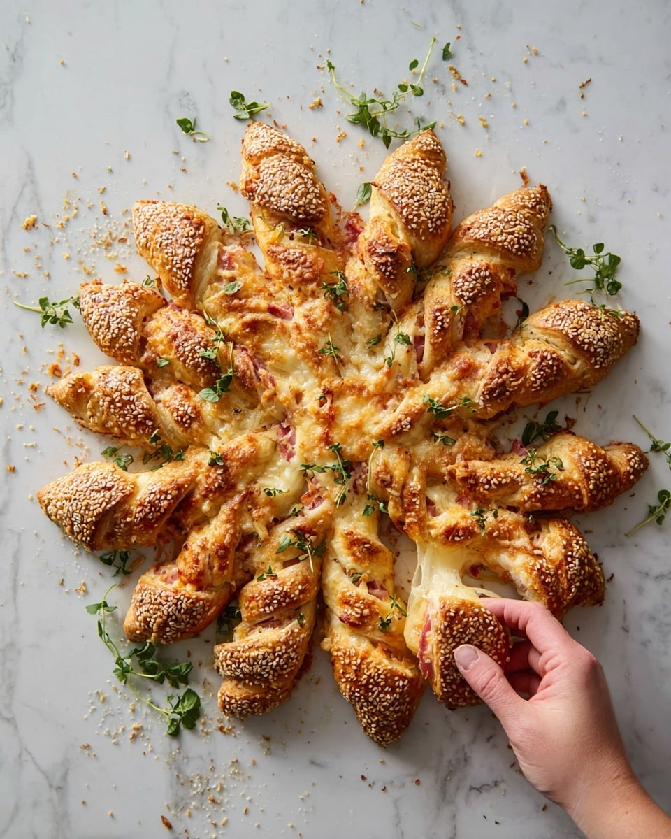 The dish is a twisted star-shaped bread with a golden-brown crust sprinkled with white sesame seeds. It has one main circular base layer with cheese and small pieces of ham visible underneath the twists. There are sixteen twisted arms made from the dough, each showing a mix of melted cheese and ham inside, which creates a textured look with melted, slightly crispy cheese edges. Fresh green herb leaves are scattered lightly on top and around the bread, adding a pop of color. A woman's hand is reaching to grab one twisted arm from the bottom right. The bread sits on a white marbled surface. Photo taken with an iphone --ar 4:5 --v 7