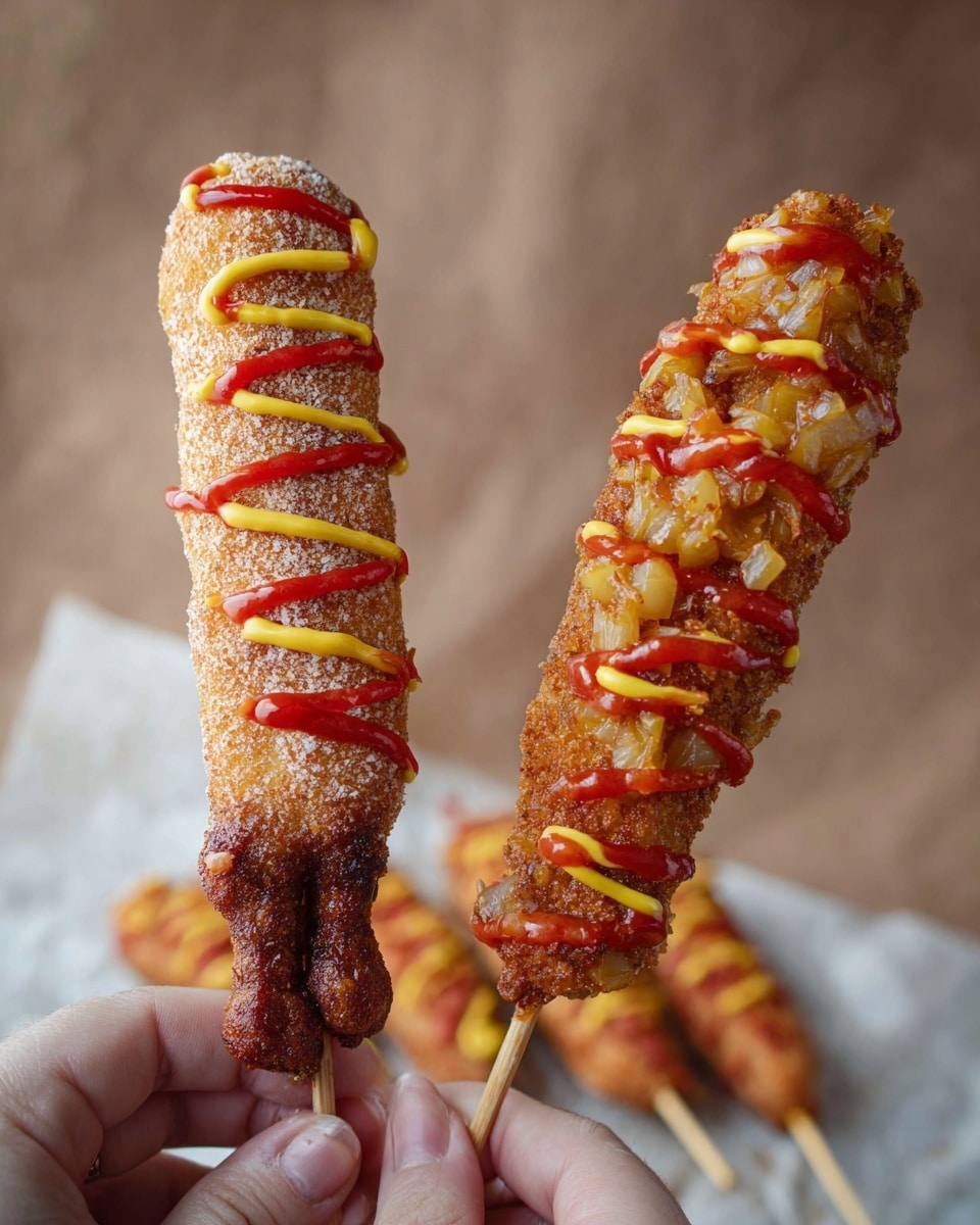 Two deep-fried sticks are held by a pair of hands against a plain brown background, with a white marbled surface beneath. The left stick is coated in a golden-brown crispy layer covered with fine granulated sugar, topped with zigzag lines of bright yellow mustard and red ketchup. At the bottom, dark fried chicken feet protrude from the coating. The right stick has a thick golden-brown fried coating with chunks of diced onions embedded on the surface, also drizzled in alternating loops of bright yellow mustard and red ketchup. More coated sticks lie blurred on the white marbled surface in the background. photo taken with an iphone --ar 4:5 --v 7