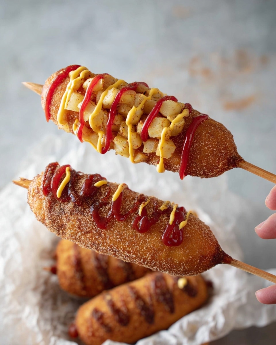 Two fried corn dogs on wooden sticks are held by a woman's hand over a white marbled surface. The top corn dog has a crispy golden-brown crust with small cubed potato pieces pressed into its surface, drizzled with yellow mustard and red ketchup in wavy lines. The bottom corn dog has a smoother, cinnamon-sugar coated crust with darker sausage ends split open and sticking out, also topped with yellow mustard and red ketchup drizzles. In the background, more corn dogs rest on white crumpled paper in a bowl on the white marbled surface. photo taken with an iphone --ar 4:5 --v 7