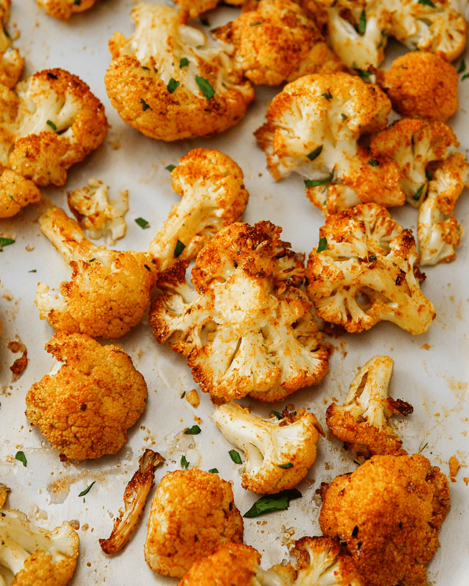 The image shows a single layer of golden roasted cauliflower pieces scattered across a light baking tray. Each cauliflower piece has a crispy, slightly charred texture with an orange-brown color from seasoning, and some green herb bits sprinkled among them. The cauliflower florets show both the top, rough curd parts, and the white stalks underneath, with uneven roasting giving a mix of darker and lighter spots. The background is a clean white marbled texture. photo taken with an iphone --ar 4:5 --v 7
