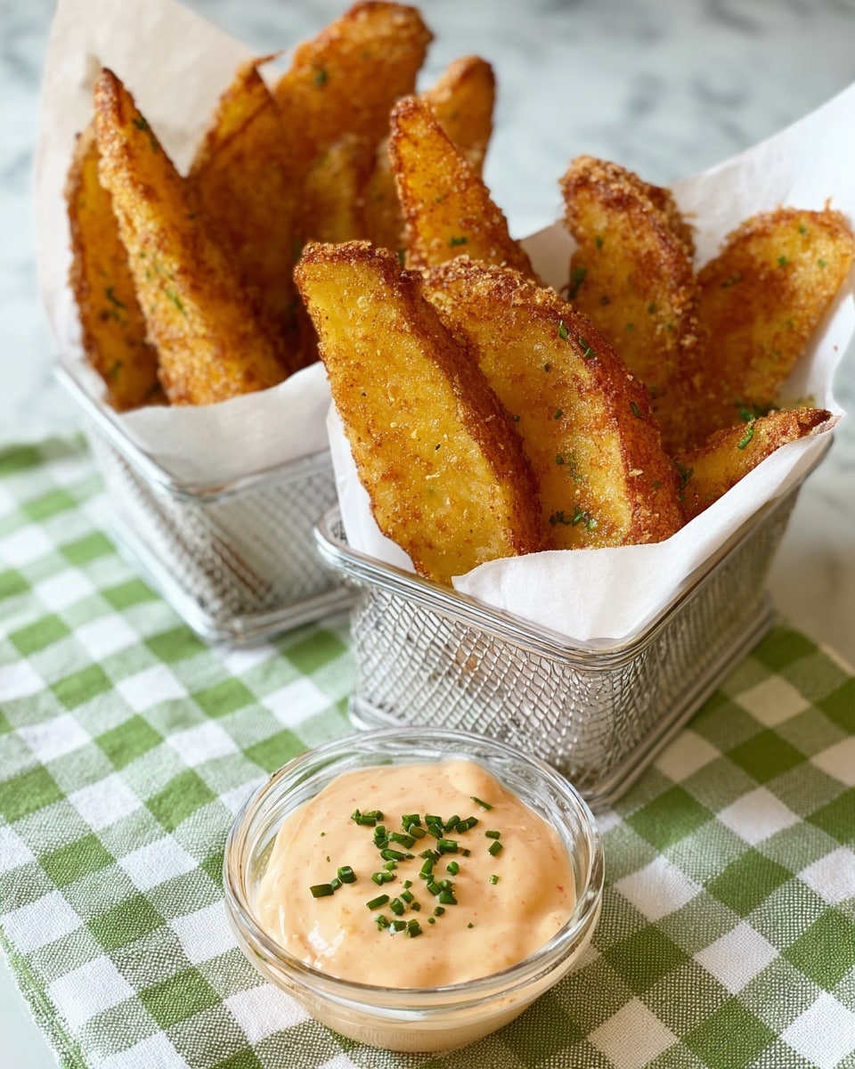 The image shows crispy golden-brown fried wedges with a rough texture. The wedges are arranged vertically inside two small white mesh baskets lined with white parchment paper. In front of the baskets, there is a small clear glass bowl filled with creamy light orange sauce topped with small green herb pieces. Everything is placed on a green and white checkered cloth over a white marbled surface. Photo taken with an iphone --ar 4:5 --v 7