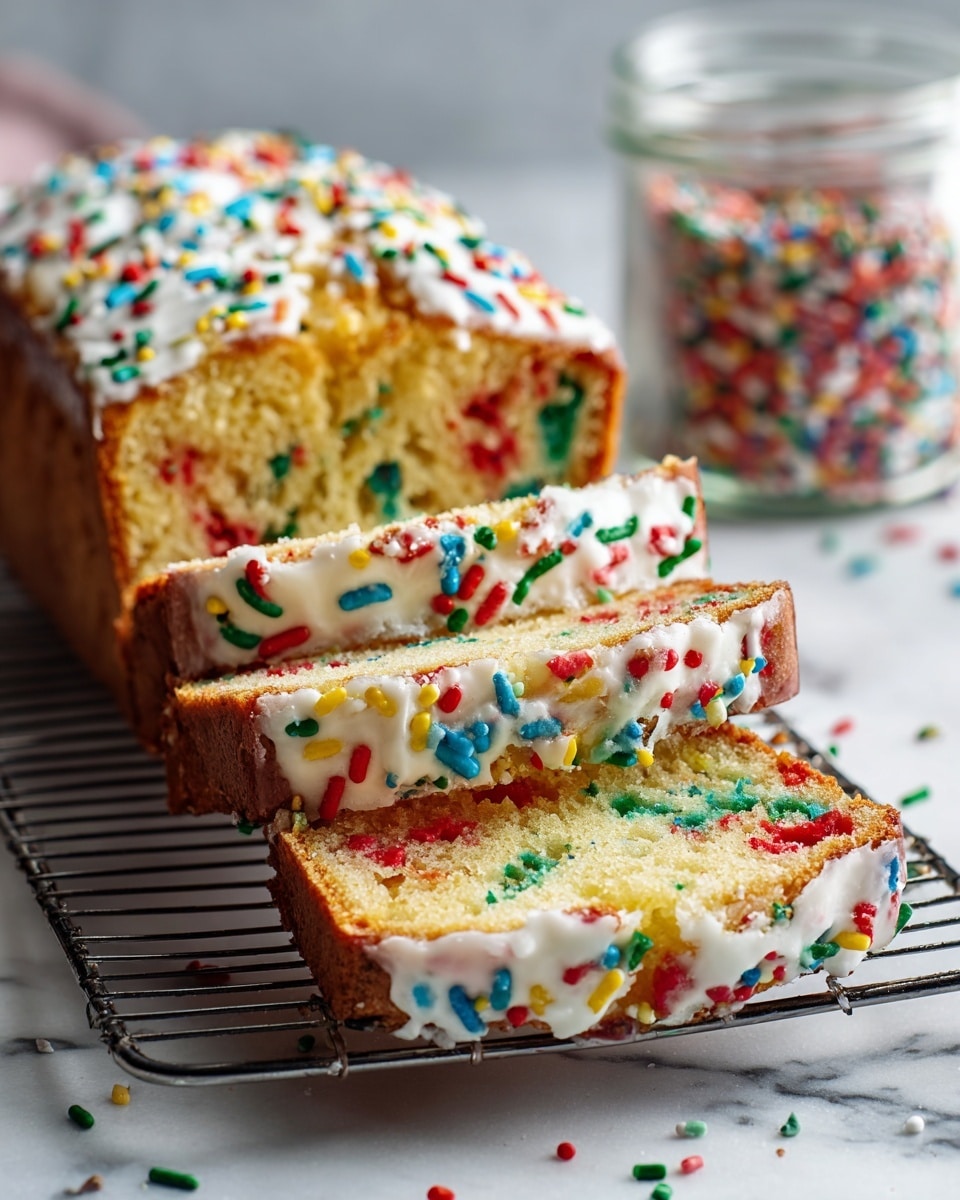 The image shows several slices of a colorful sprinkled cake loaf stacked on a cooling rack placed on a white marbled surface. The cake has one visible thick layer, which is golden in color with bright red, green, and blue spots inside the soft crumb. The top surface of each slice is decorated with white icing and thick, colorful sprinkles in red, green, blue, yellow, and white. In the background to the right, there is a glass jar filled with the same colorful sprinkles. The lighting is bright, highlighting the moist and fluffy texture of the cake and the shiny sprinkles on top. Photo taken with an iphone --ar 4:5 --v 7