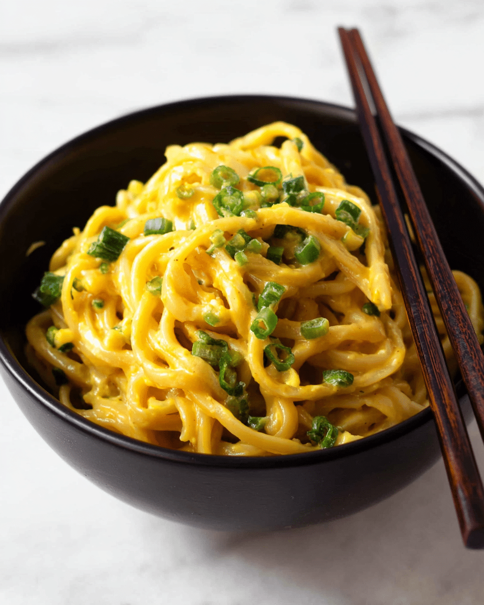 A black bowl holds a meal with three main layers. The bottom layer is soft, light tan noodles mixed with small pieces of green onions scattered throughout. Above the noodles on one side, vibrant green broccolini adds a fresh look with its long stems and clustered florets. On the other side, a bright sunny-side-up egg sits, with its white edges slightly uneven and a rich, glossy orange yolk sprinkled with black sesame seeds. A pair of dark brown chopsticks is picking up some noodles, positioned on the right side. The whole bowl is placed on a white marbled surface. photo taken with an iphone --ar 4:5 --v 7