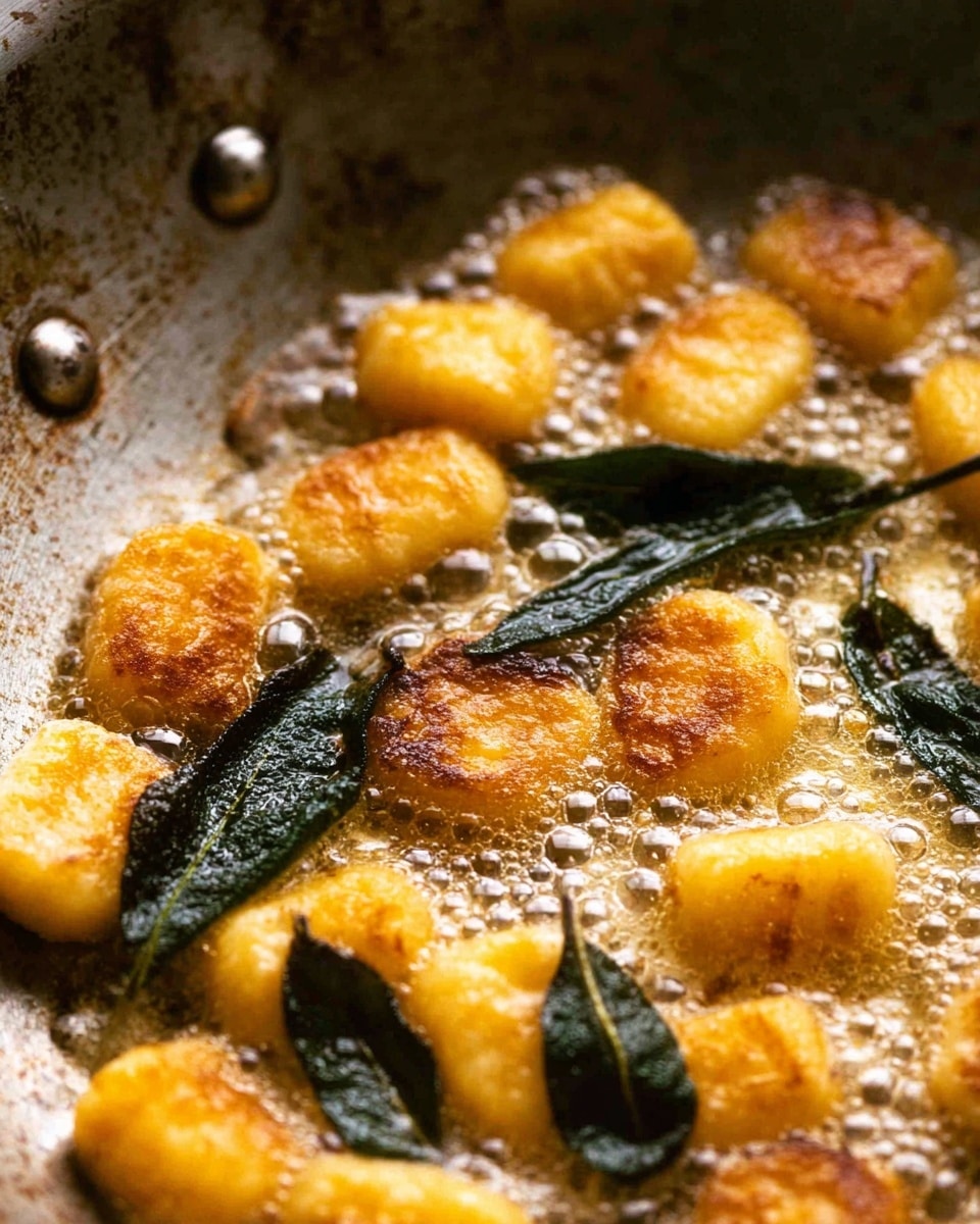 The dish shows a white plate with a single layer of golden brown gnocchi that are crispy on the outside and soft inside, irregularly placed. Scattered on top and around are dark green fried sage leaves that have a slightly wrinkled texture. The entire dish is covered with a light golden sauce that pools around the gnocchi, with a dusting of finely grated white cheese and a few sprinkles of cracked black pepper adding texture and color contrast. A silver fork rests on the right edge of the plate, partly touching the gnocchi. The background is a white marbled texture. photo taken with an iphone --ar 4:5 --v 7