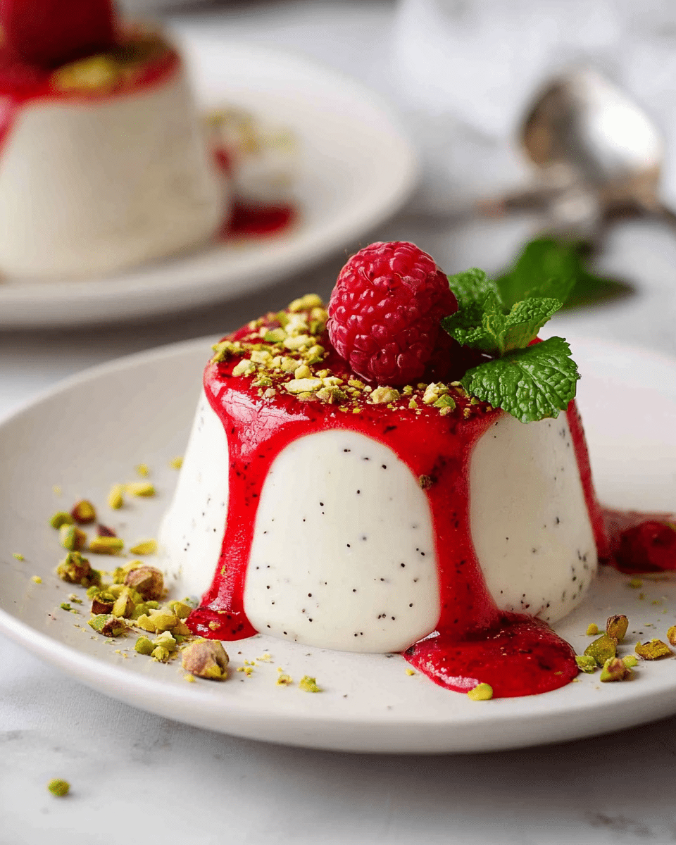 The image shows a smooth, white panna cotta dessert placed in the center of a white plate on a white marbled surface. It has three main layers: the bottom layer is creamy white with tiny black vanilla specks, the middle layer is a bright red raspberry sauce dripping down the sides in thin streams, and the top layer features a fresh red raspberry, green mint leaves, and a sprinkle of crushed green pistachios scattered both on the dessert and around the plate. In the background, there is a blurred second plate with the same dessert. Photo taken with an iphone --ar 4:5 --v 7