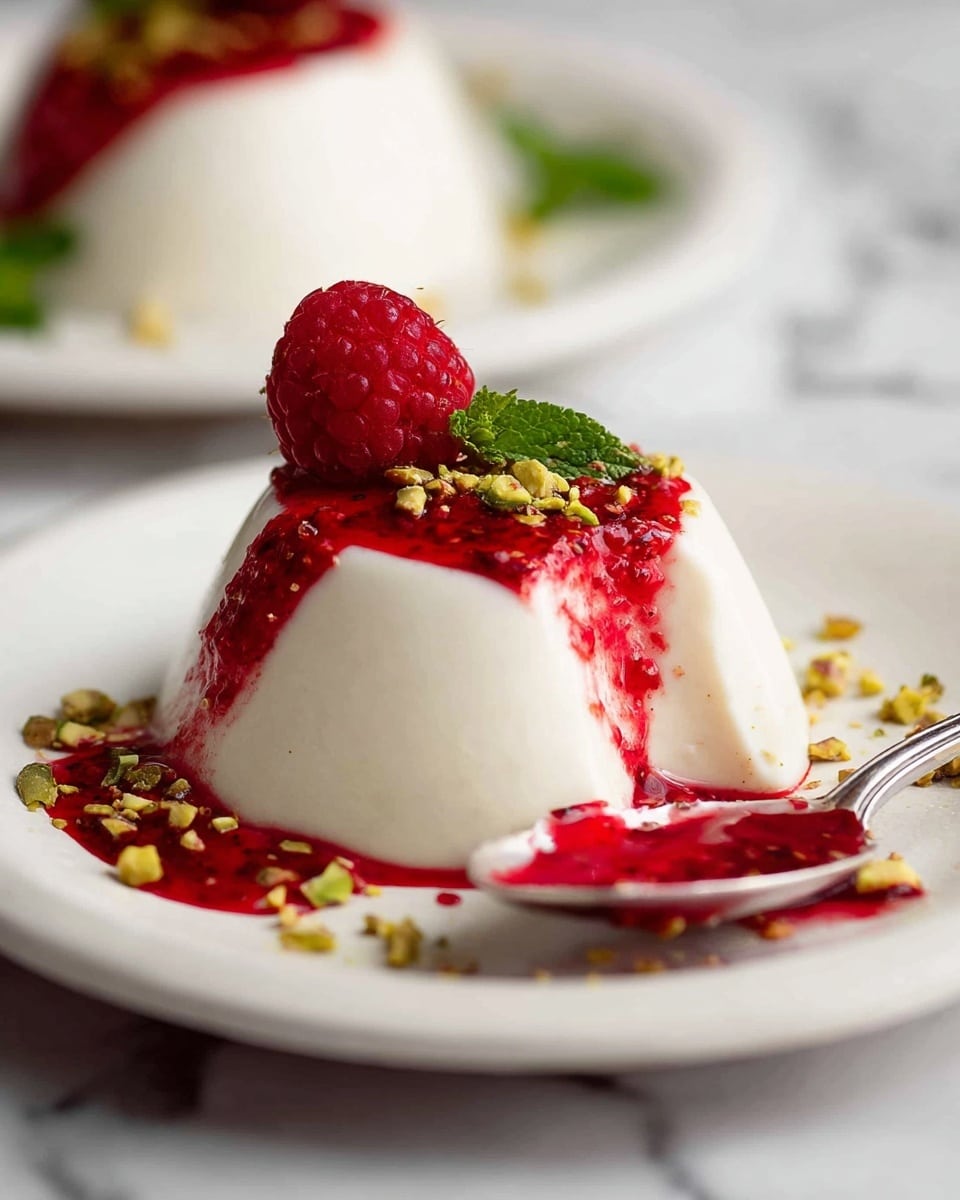 A single creamy white panna cotta dessert shaped like a small dome sits on a white plate with a smooth texture. It is topped with a bright red raspberry sauce that drips down the sides, garnished with one fresh red raspberry, small chopped green pistachio pieces, and a sprig of green mint leaves. A spoon rests on the plate with some panna cotta covered in the red sauce. In the background, another similar panna cotta dessert is slightly blurred. The surface beneath the plate has a white marbled texture. Photo taken with an iphone --ar 4:5 --v 7