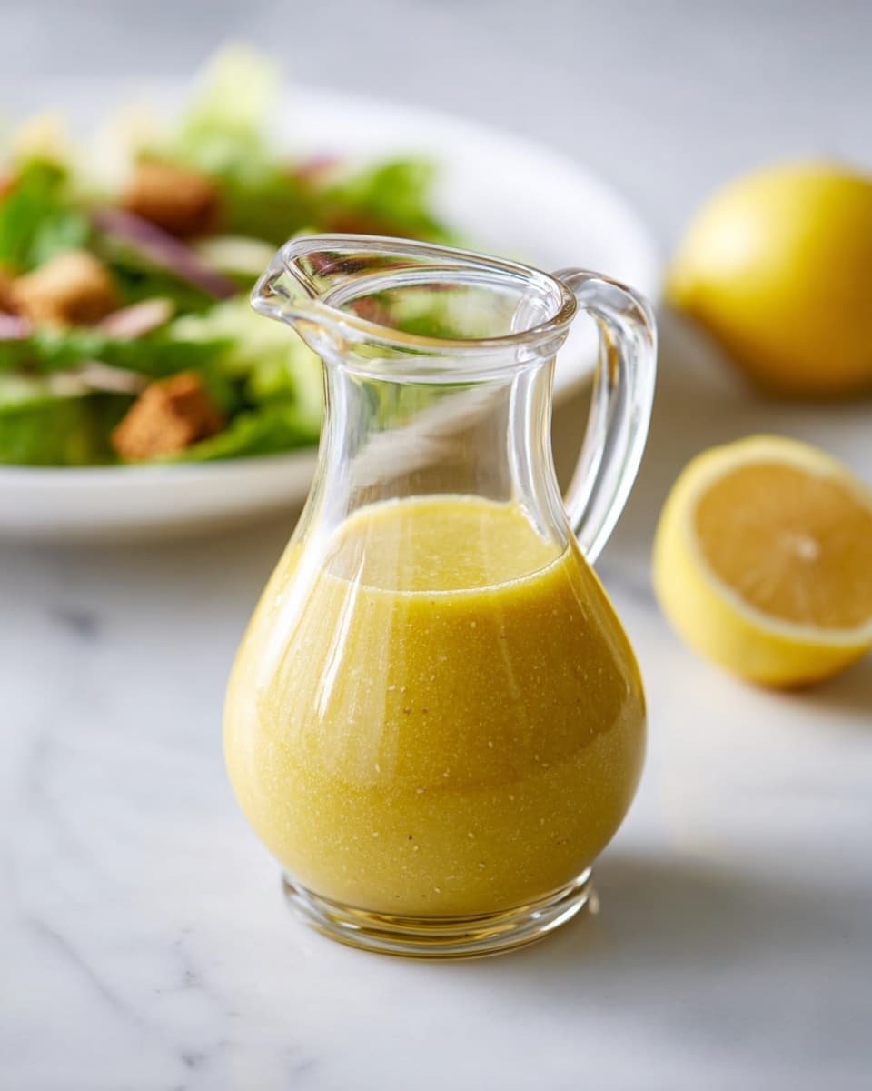 A clear glass pitcher with a round, bulbous base and a curved handle is filled two-thirds with a thick, yellow dressing that has a slightly grainy texture. The pitcher stands on a white marbled surface. In the background, slightly out of focus, are a white plate with green salad and brown croutons, and a few lemon wedges with a whole lemon. The lighting is soft and bright, making the colors fresh and inviting. Photo taken with an iphone --ar 4:5 --v 7