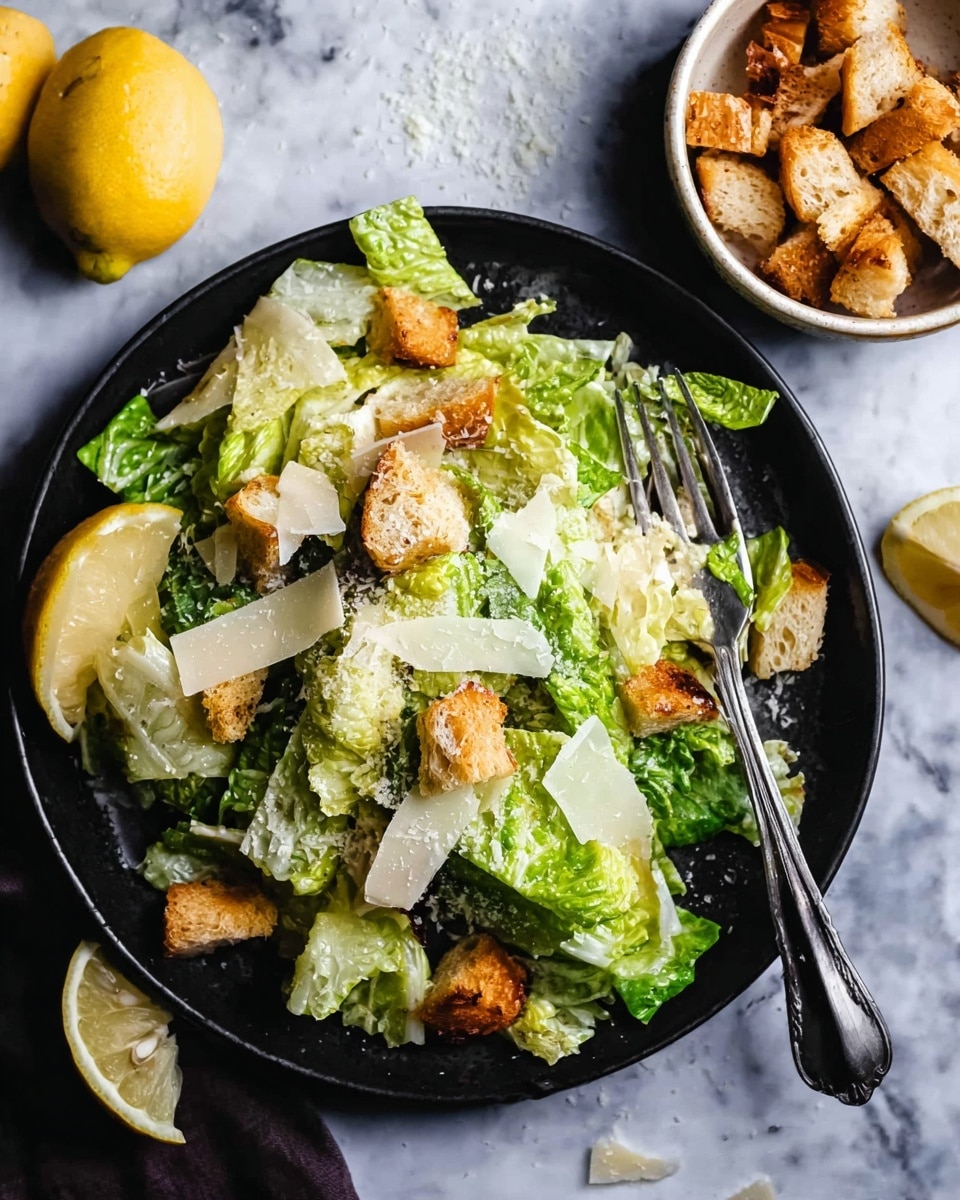 A black plate sits on a white marbled texture, holding a green Caesar salad with roughly chopped romaine lettuce leaves layered with white shaved Parmesan cheese scattered on top. Golden-brown croutons are spread across the salad, adding texture and color contrast. A lemon wedge is positioned on the edge of the plate. Above the plate, there is a small white bowl filled with more croutons, and two lemon wedges are placed nearby on the white marbled surface. A silver fork rests on the right side of the black plate. Photo taken with an iphone --ar 4:5 --v 7